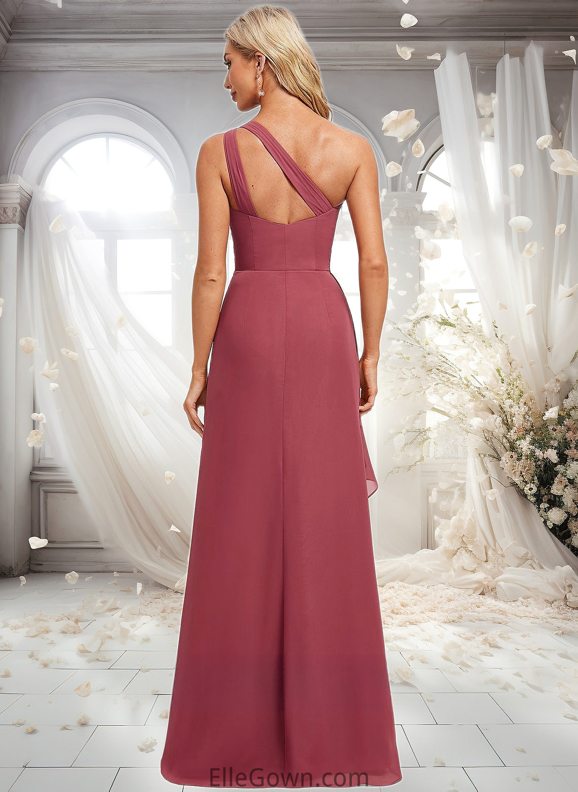 Annabella A-line One Shoulder Floor-Length Chiffon Bridesmaid Dress With Ruffle DEP0025824