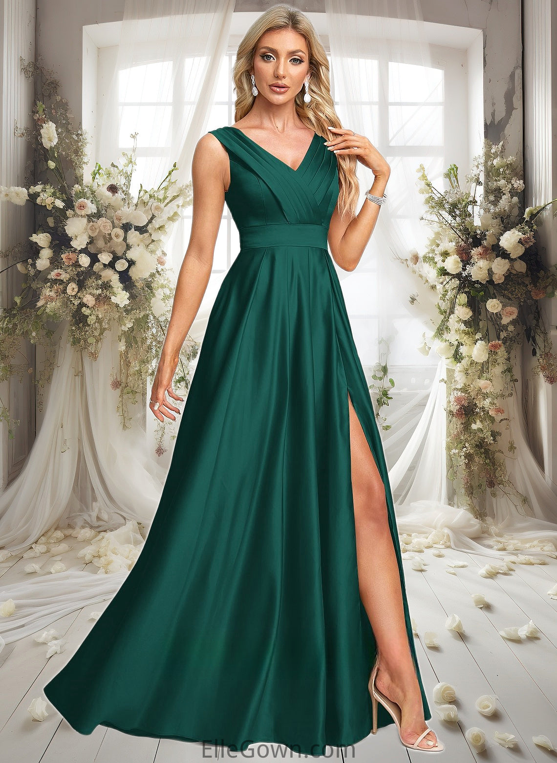 Susie A-line V-Neck Floor-Length Satin Prom Dresses DEP0025877