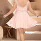 Hazel A-line V-Neck Knee-Length Chiffon Lace Homecoming Dress With Beading DEP0020565