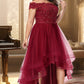 Jaylene A-line Off the Shoulder Asymmetrical Lace Tulle Homecoming Dress With Beading Bow Sequins DEP0020535