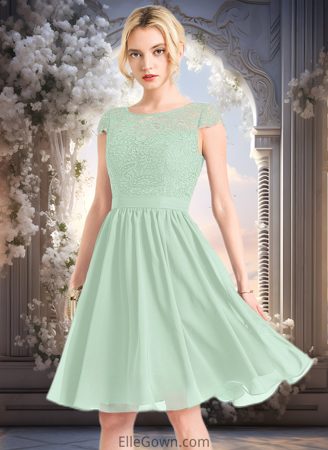 Amira A-line Scoop Knee-Length Lace Chiffon Homecoming Dress DEP0025698