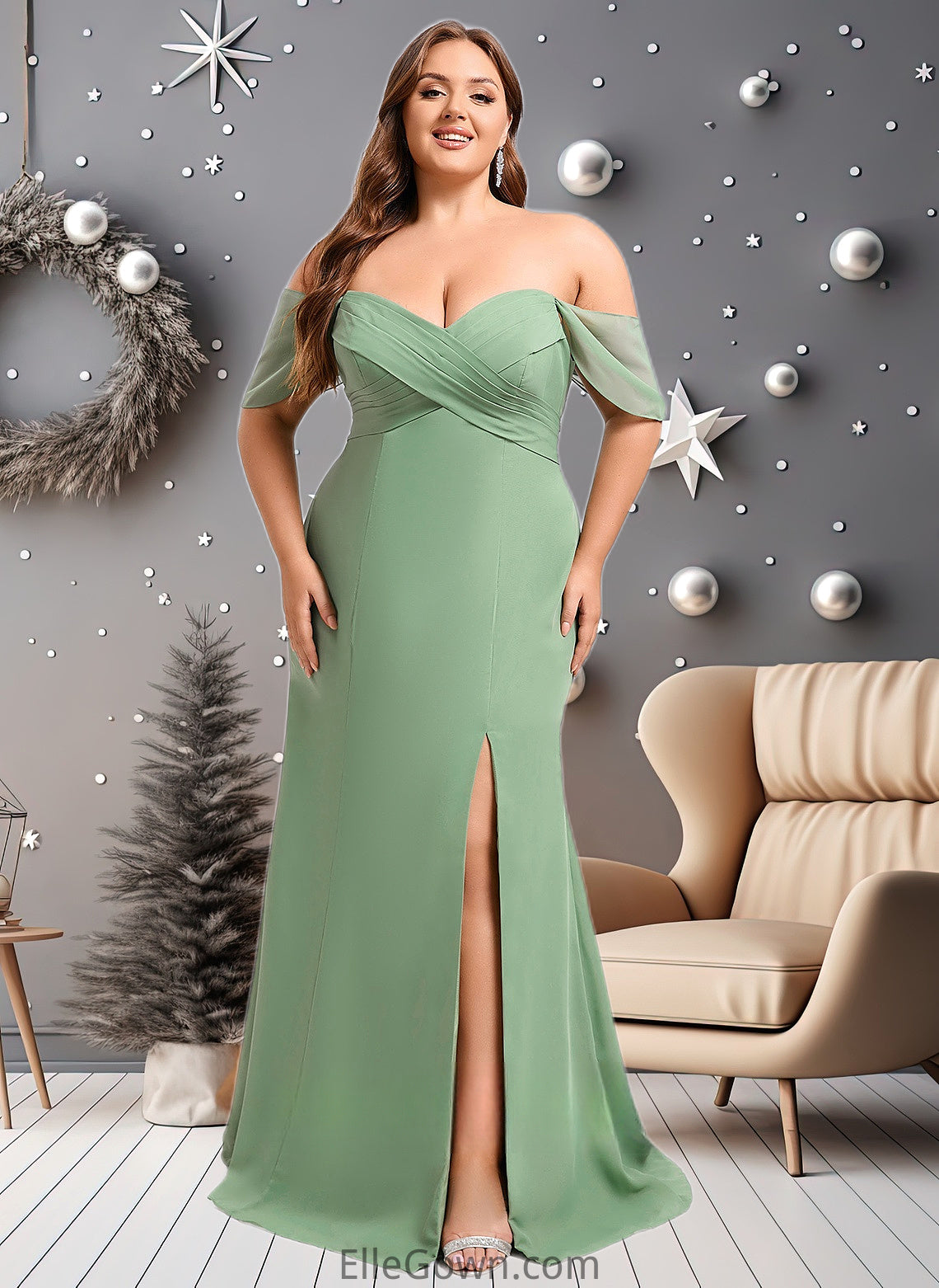 Savanah Trumpet/Mermaid Off the Shoulder V-Neck Floor-Length Chiffon Bridesmaid Dress DEP0025810