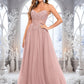 Maeve Ball-Gown/Princess V-Neck Floor-Length Tulle Prom Dresses With Sequins Appliques Lace DEP0025837