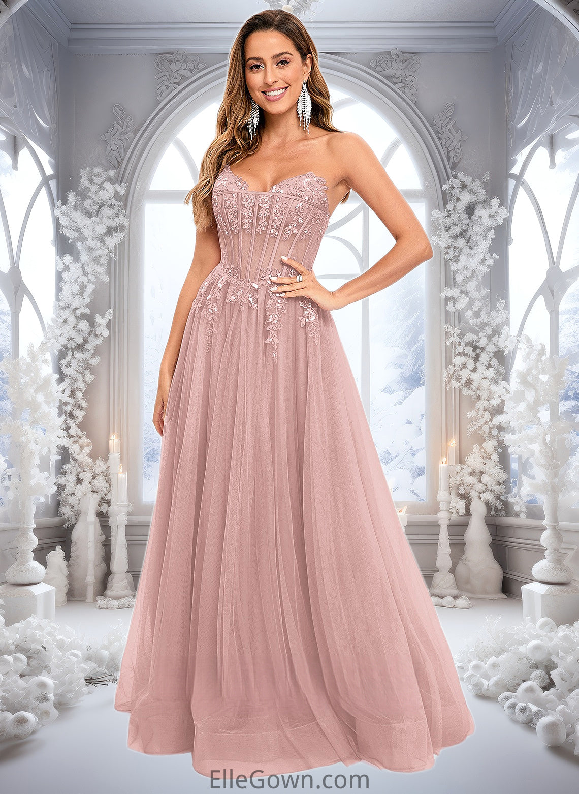 Maeve Ball-Gown/Princess V-Neck Floor-Length Tulle Prom Dresses With Sequins Appliques Lace DEP0025837