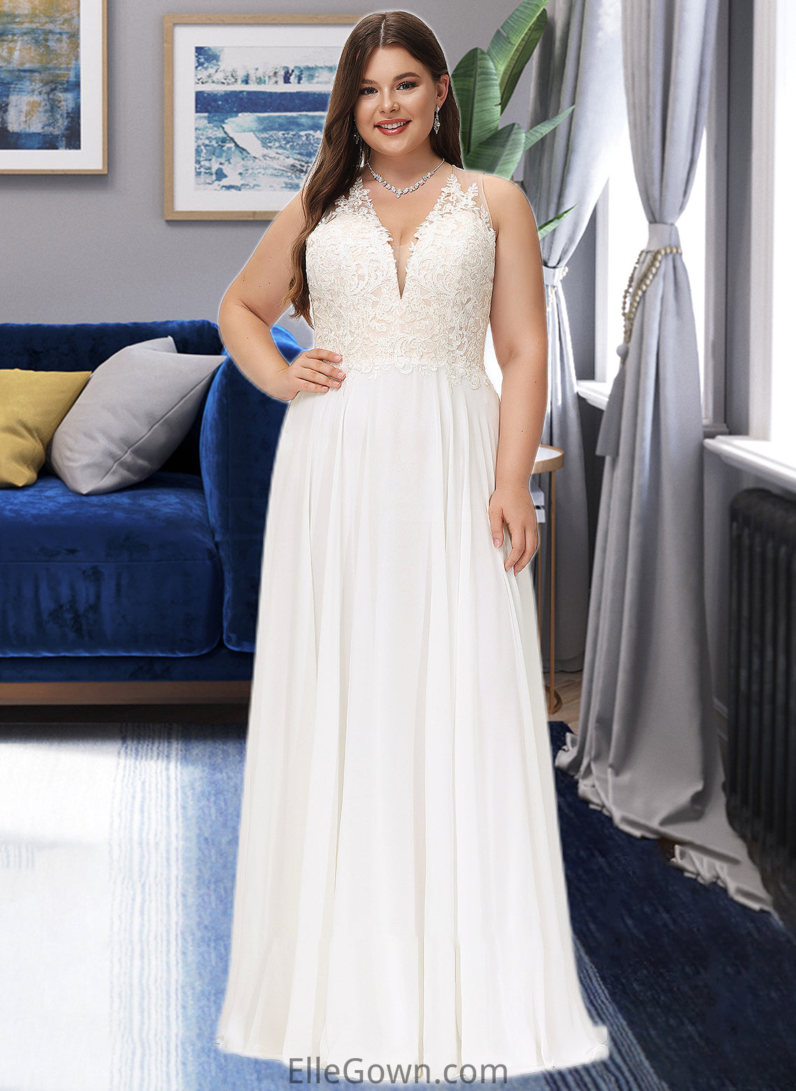 Tricia A-Line V-neck Sweep Train Chiffon Lace Wedding Dress With Lace DEP0013677