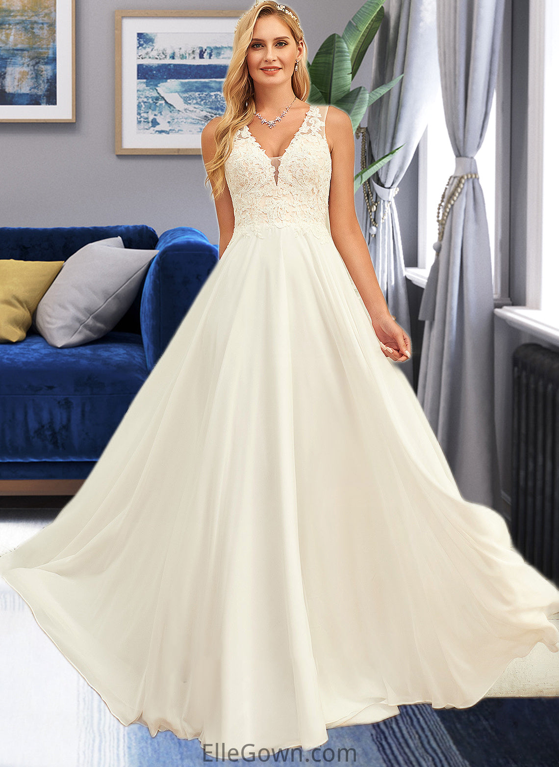 Tricia A-Line V-neck Sweep Train Chiffon Lace Wedding Dress With Lace DEP0013677