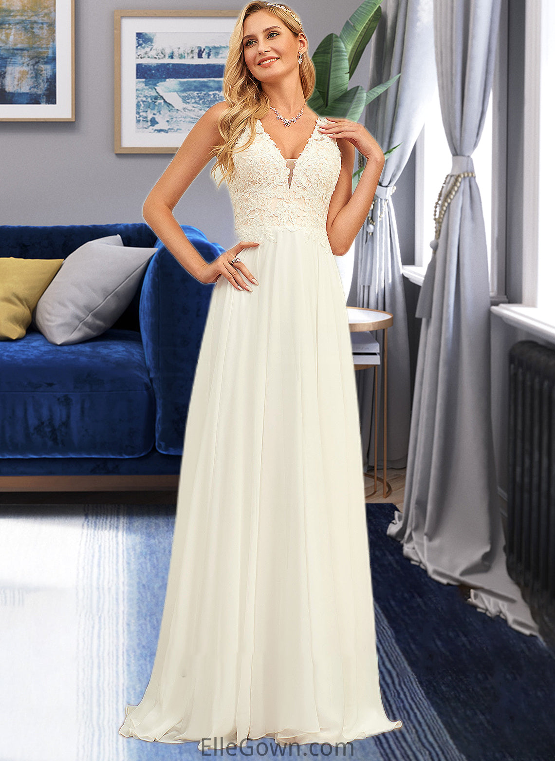 Tricia A-Line V-neck Sweep Train Chiffon Lace Wedding Dress With Lace DEP0013677