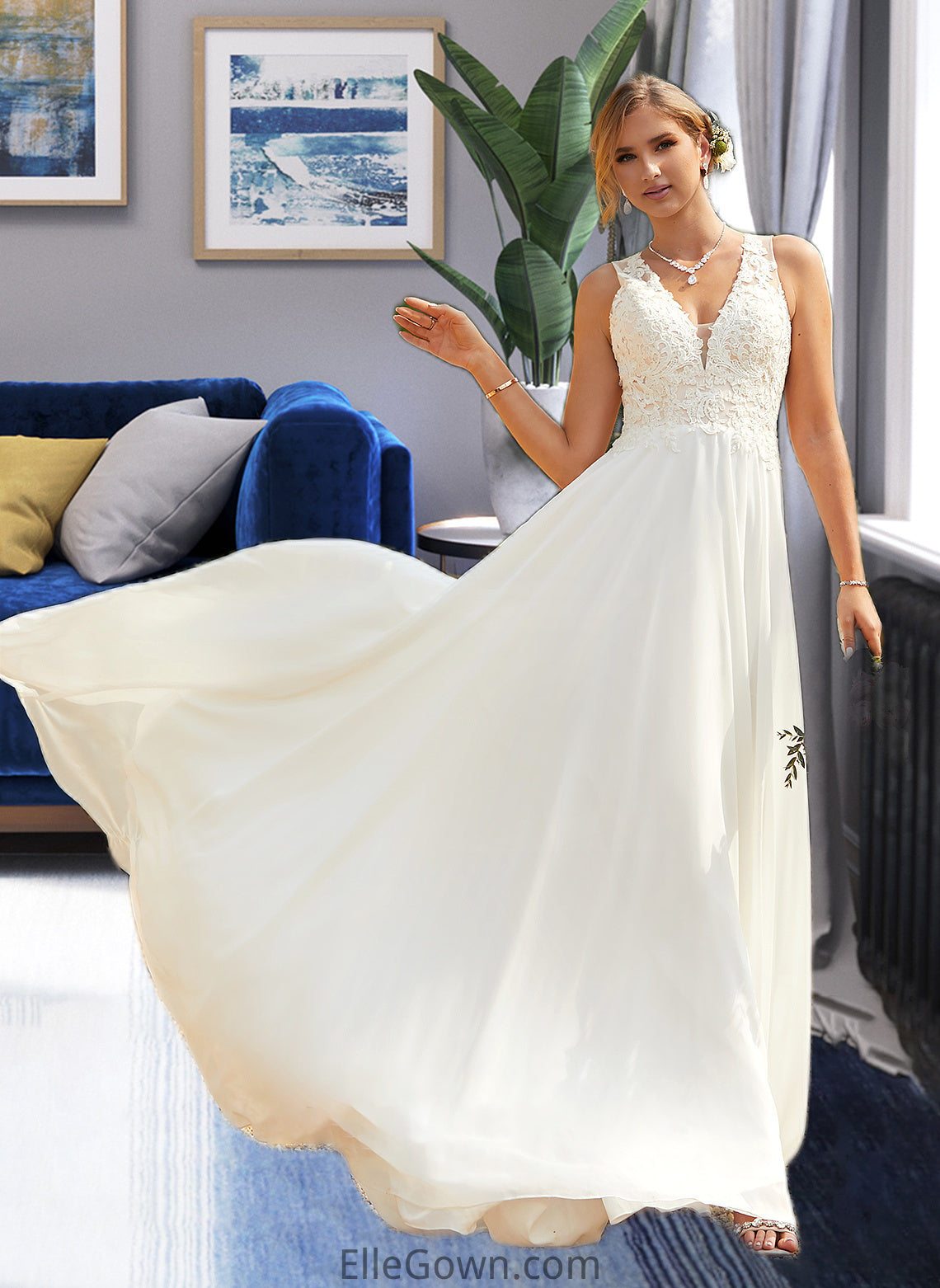 Tricia A-Line V-neck Sweep Train Chiffon Lace Wedding Dress With Lace DEP0013677