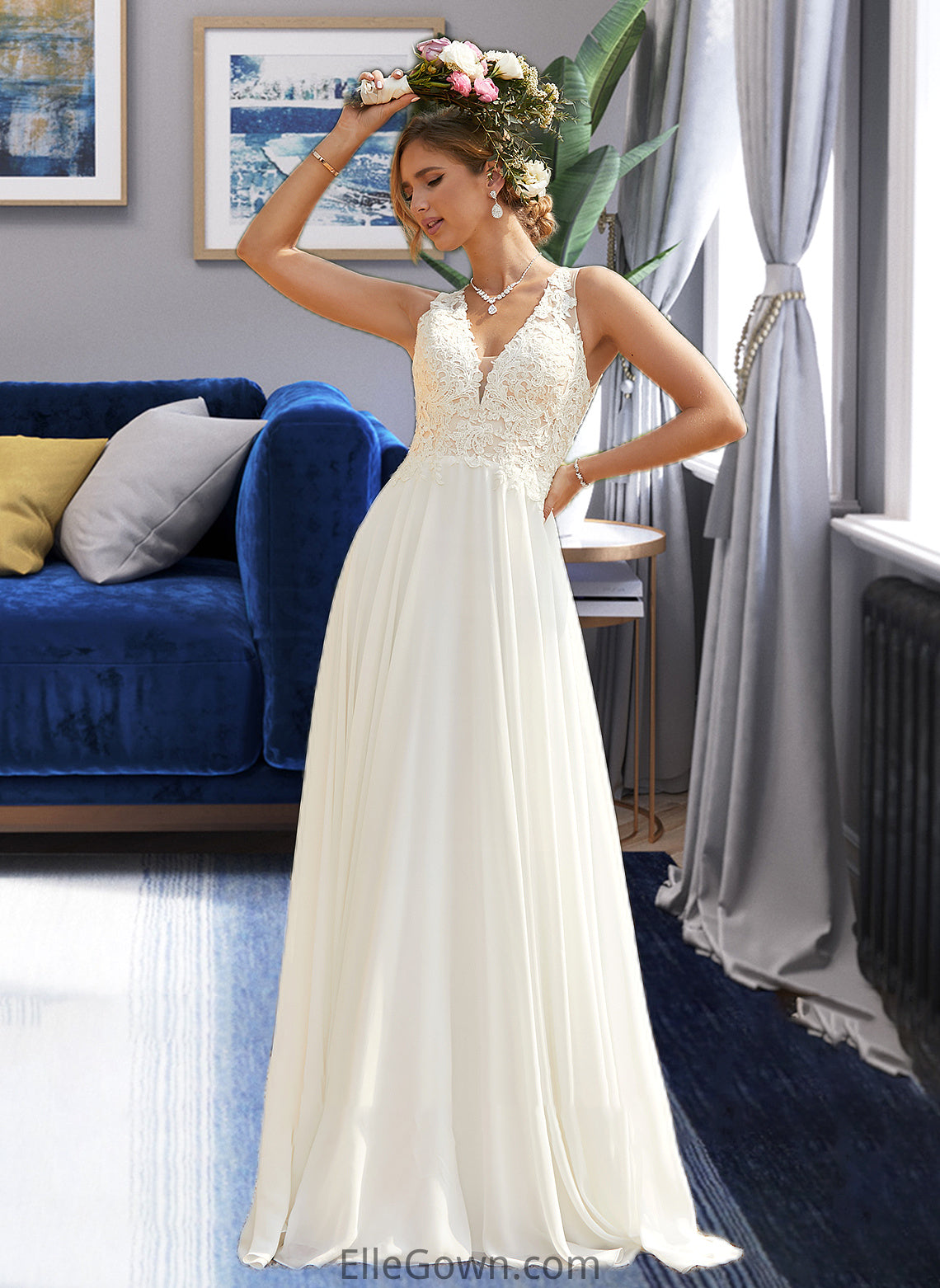 Tricia A-Line V-neck Sweep Train Chiffon Lace Wedding Dress With Lace DEP0013677