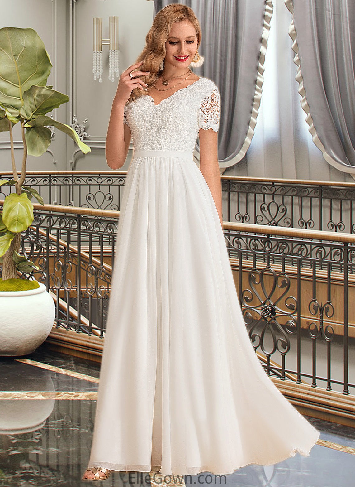 Nadia A-Line V-neck Floor-Length Chiffon Lace Wedding Dress DEP0013678