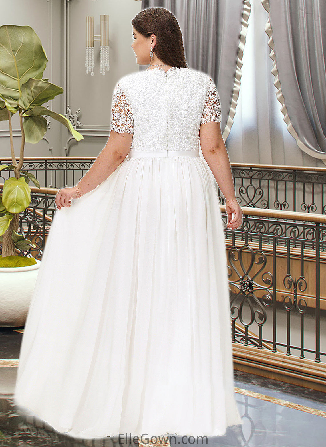 Nadia A-Line V-neck Floor-Length Chiffon Lace Wedding Dress DEP0013678