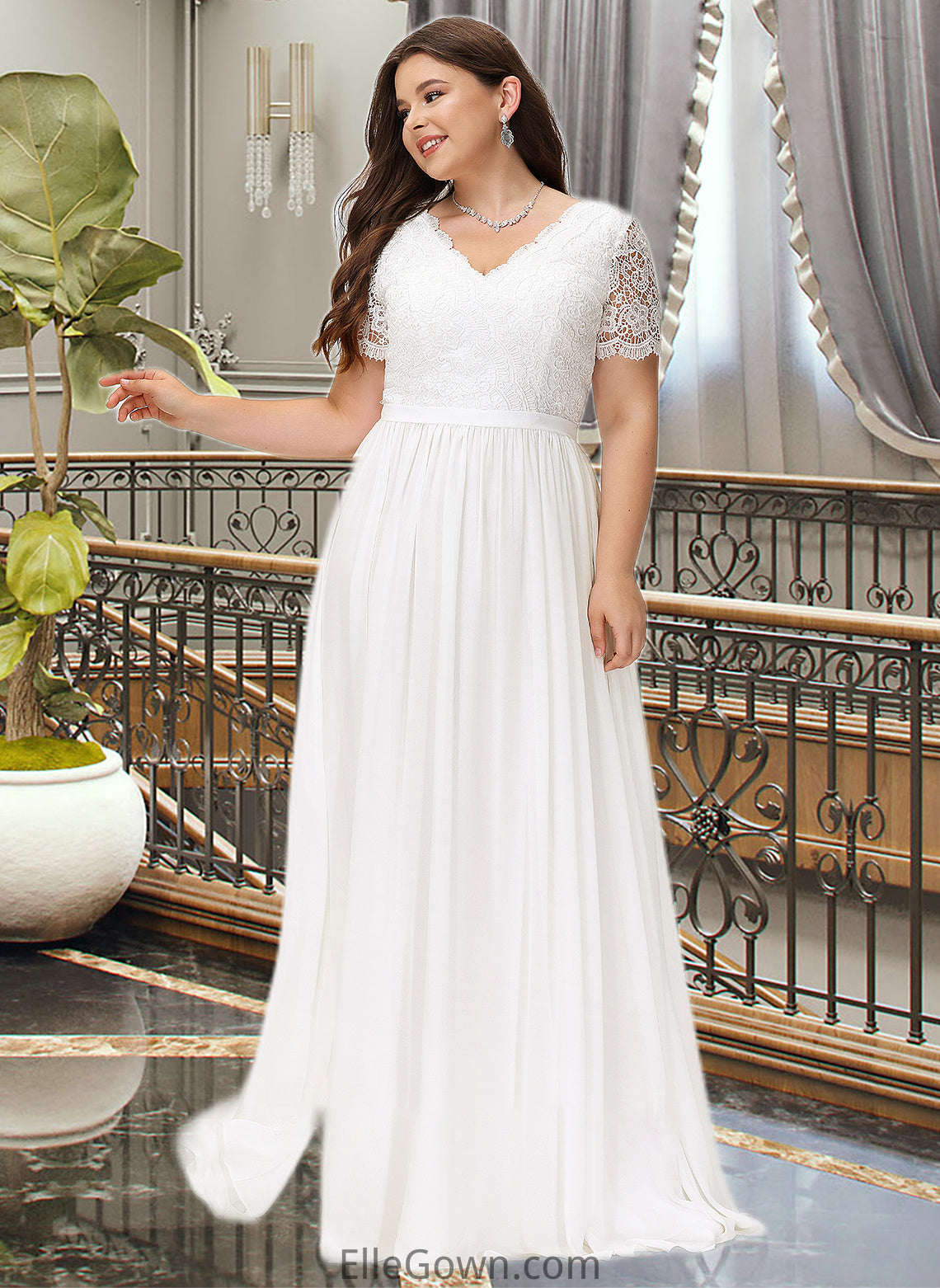 Nadia A-Line V-neck Floor-Length Chiffon Lace Wedding Dress DEP0013678