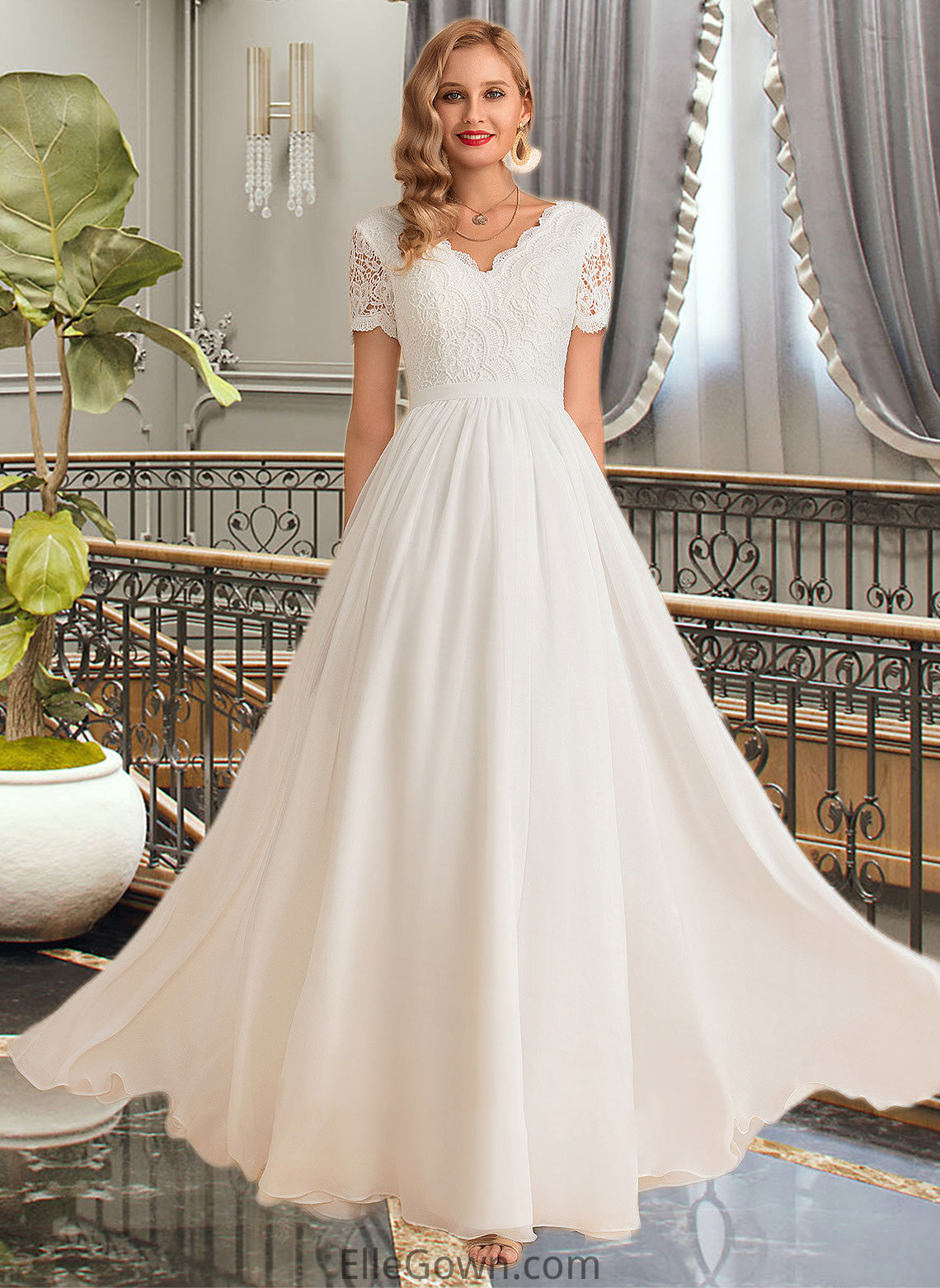 Nadia A-Line V-neck Floor-Length Chiffon Lace Wedding Dress DEP0013678