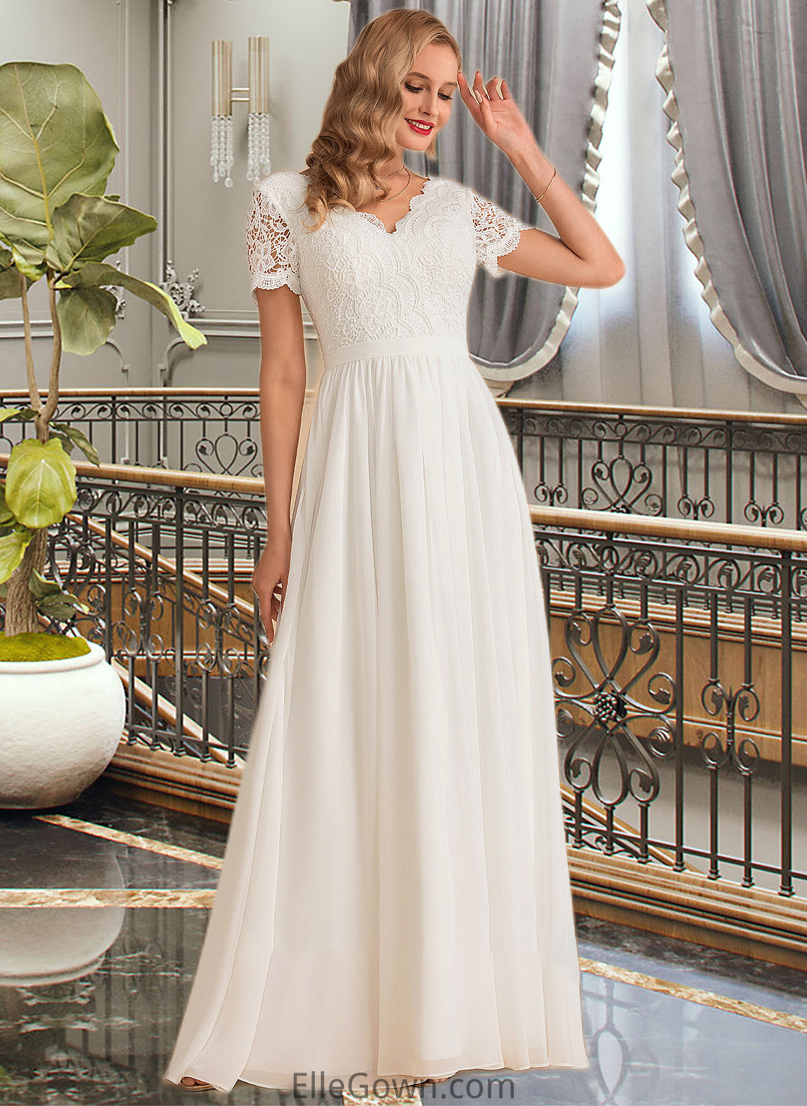 Nadia A-Line V-neck Floor-Length Chiffon Lace Wedding Dress DEP0013678