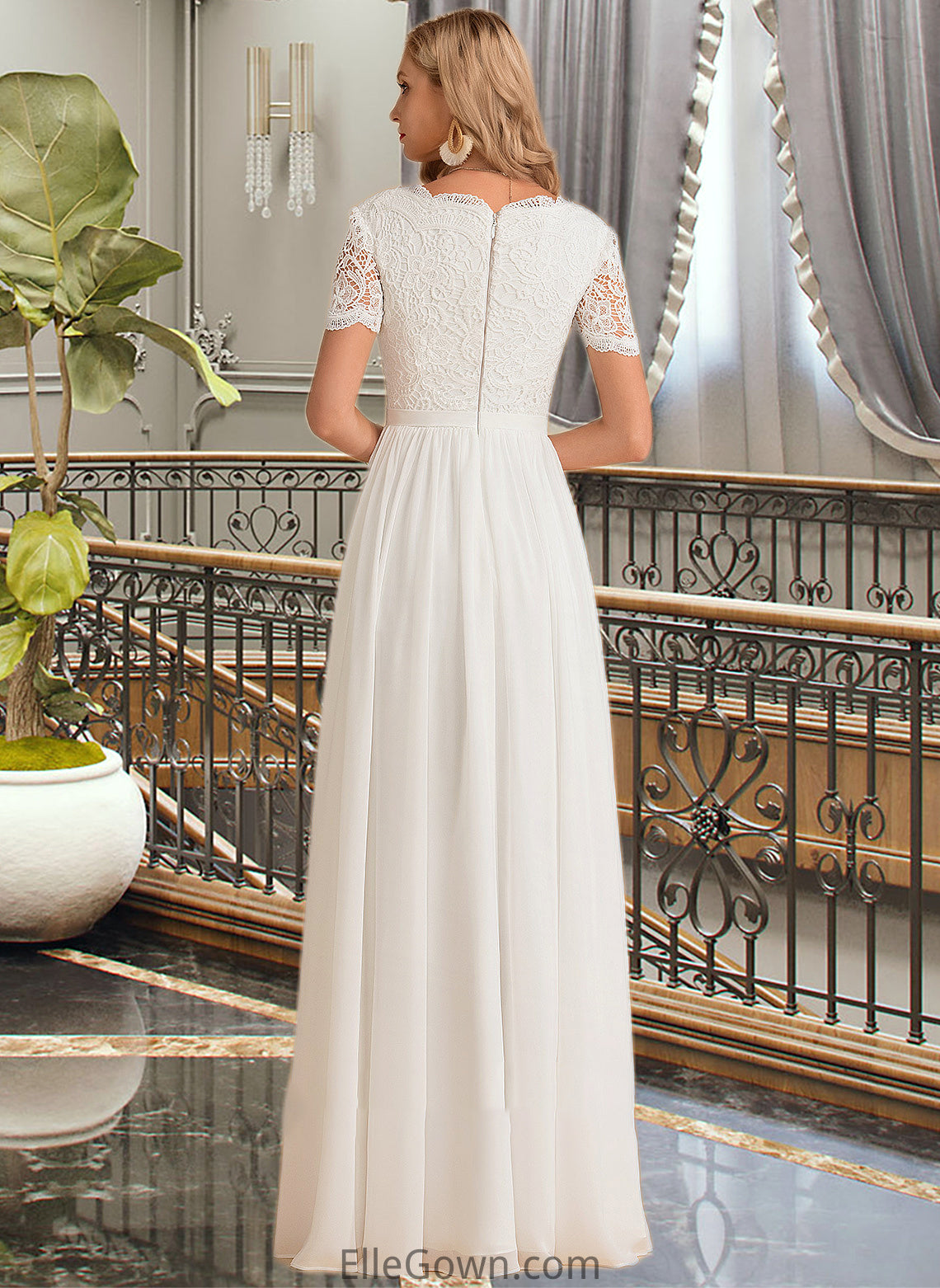 Nadia A-Line V-neck Floor-Length Chiffon Lace Wedding Dress DEP0013678