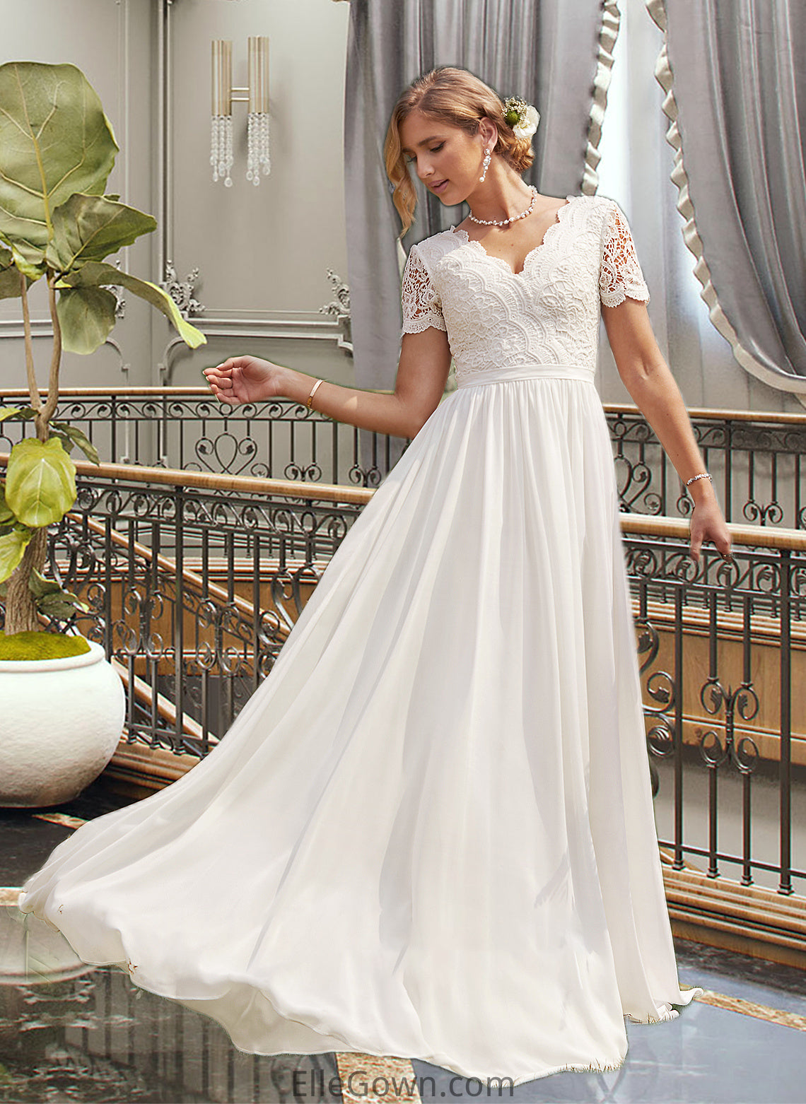 Nadia A-Line V-neck Floor-Length Chiffon Lace Wedding Dress DEP0013678