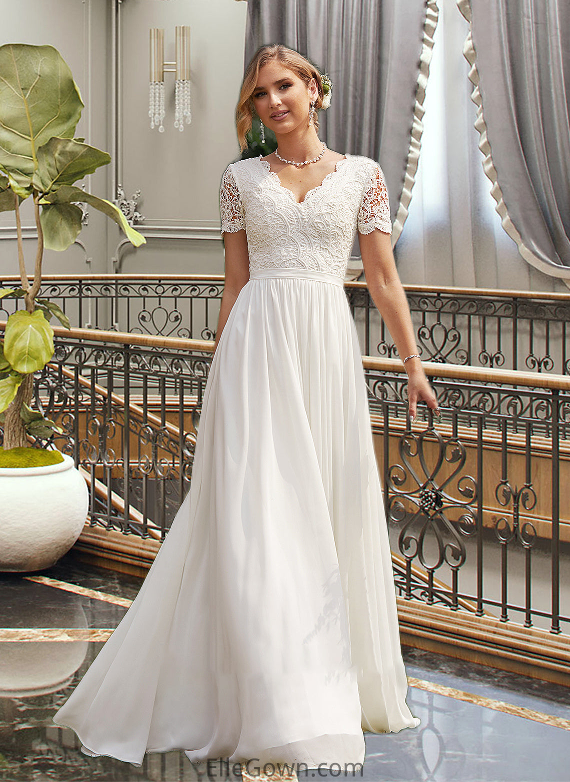 Nadia A-Line V-neck Floor-Length Chiffon Lace Wedding Dress DEP0013678