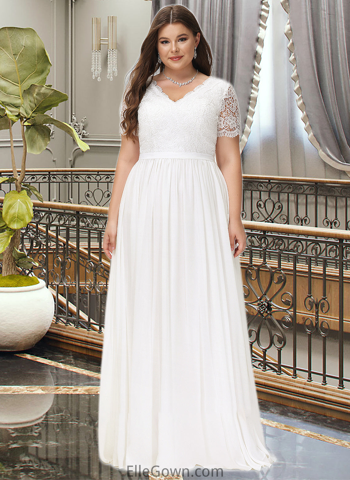 Nadia A-Line V-neck Floor-Length Chiffon Lace Wedding Dress DEP0013678