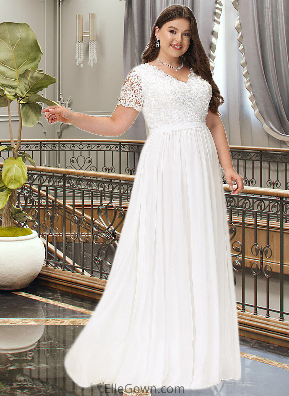 Nadia A-Line V-neck Floor-Length Chiffon Lace Wedding Dress DEP0013678