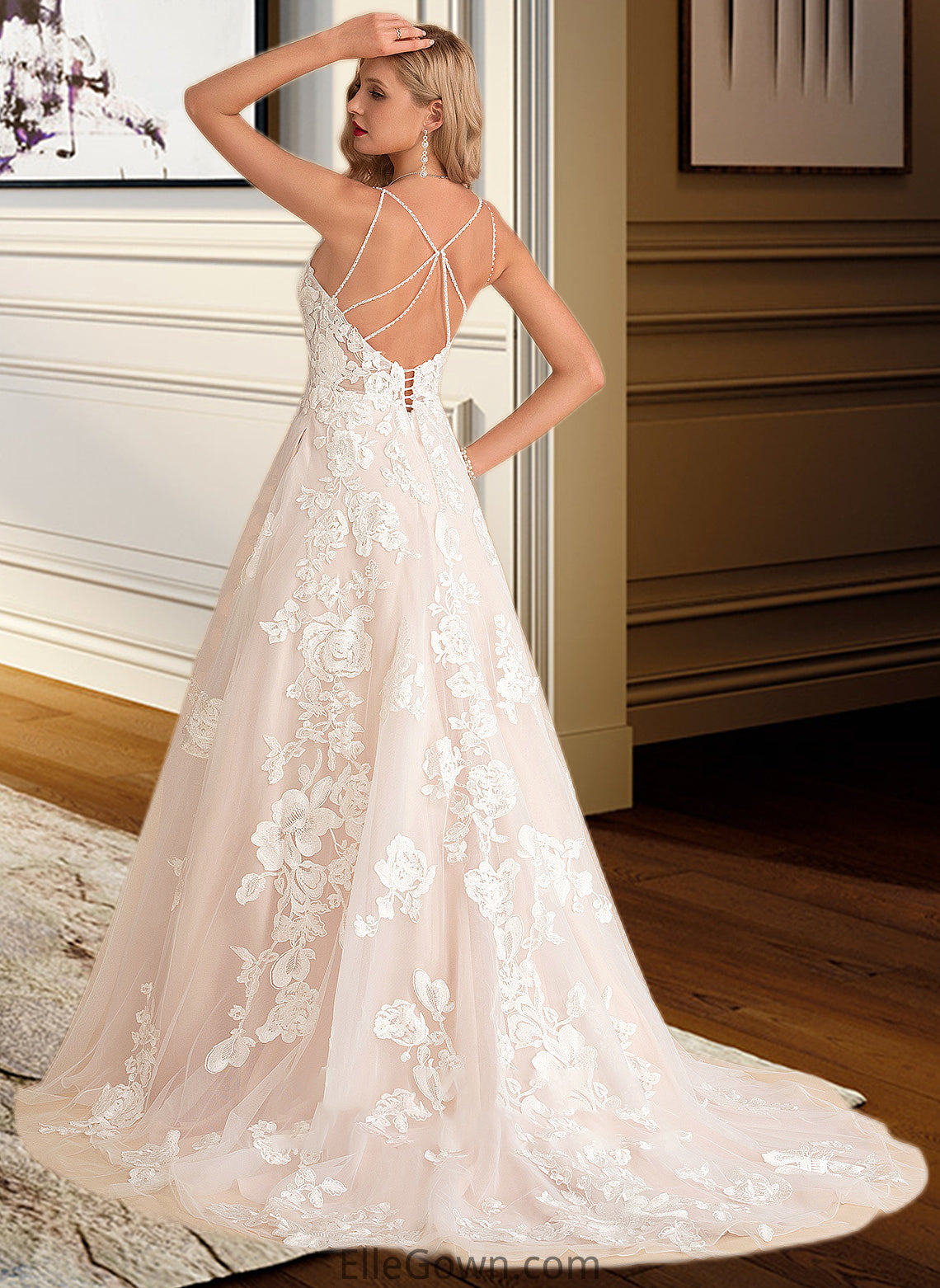 Alina Ball-Gown/Princess V-neck Court Train Tulle Lace Wedding Dress With Beading Pockets DEP0013679