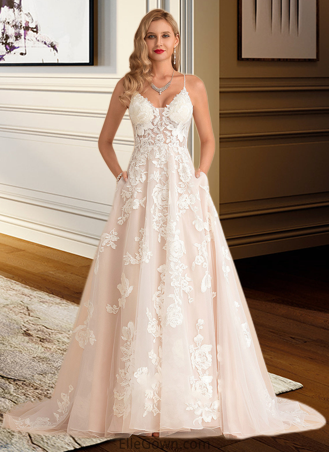 Alina Ball-Gown/Princess V-neck Court Train Tulle Lace Wedding Dress With Beading Pockets DEP0013679