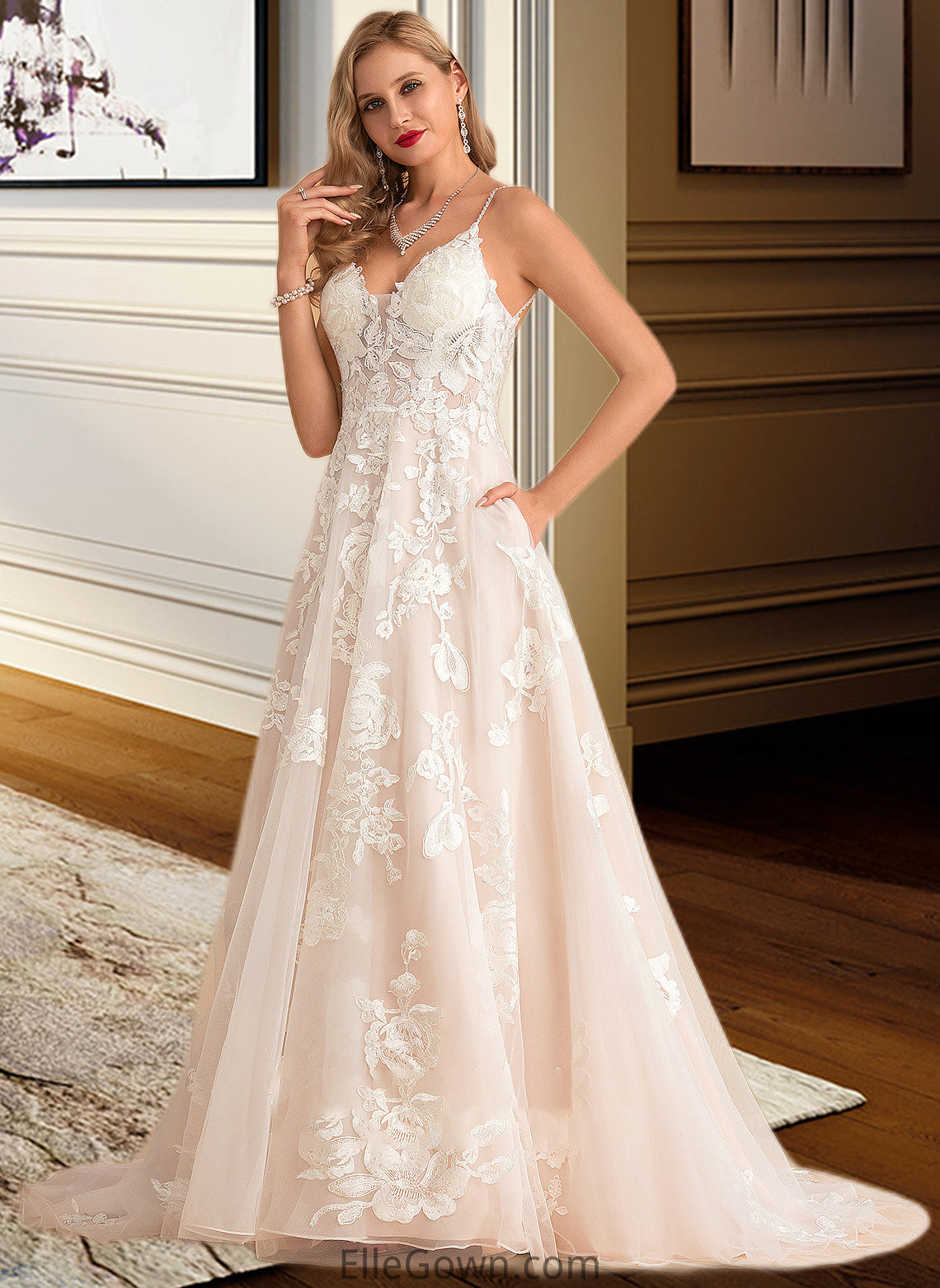 Alina Ball-Gown/Princess V-neck Court Train Tulle Lace Wedding Dress With Beading Pockets DEP0013679