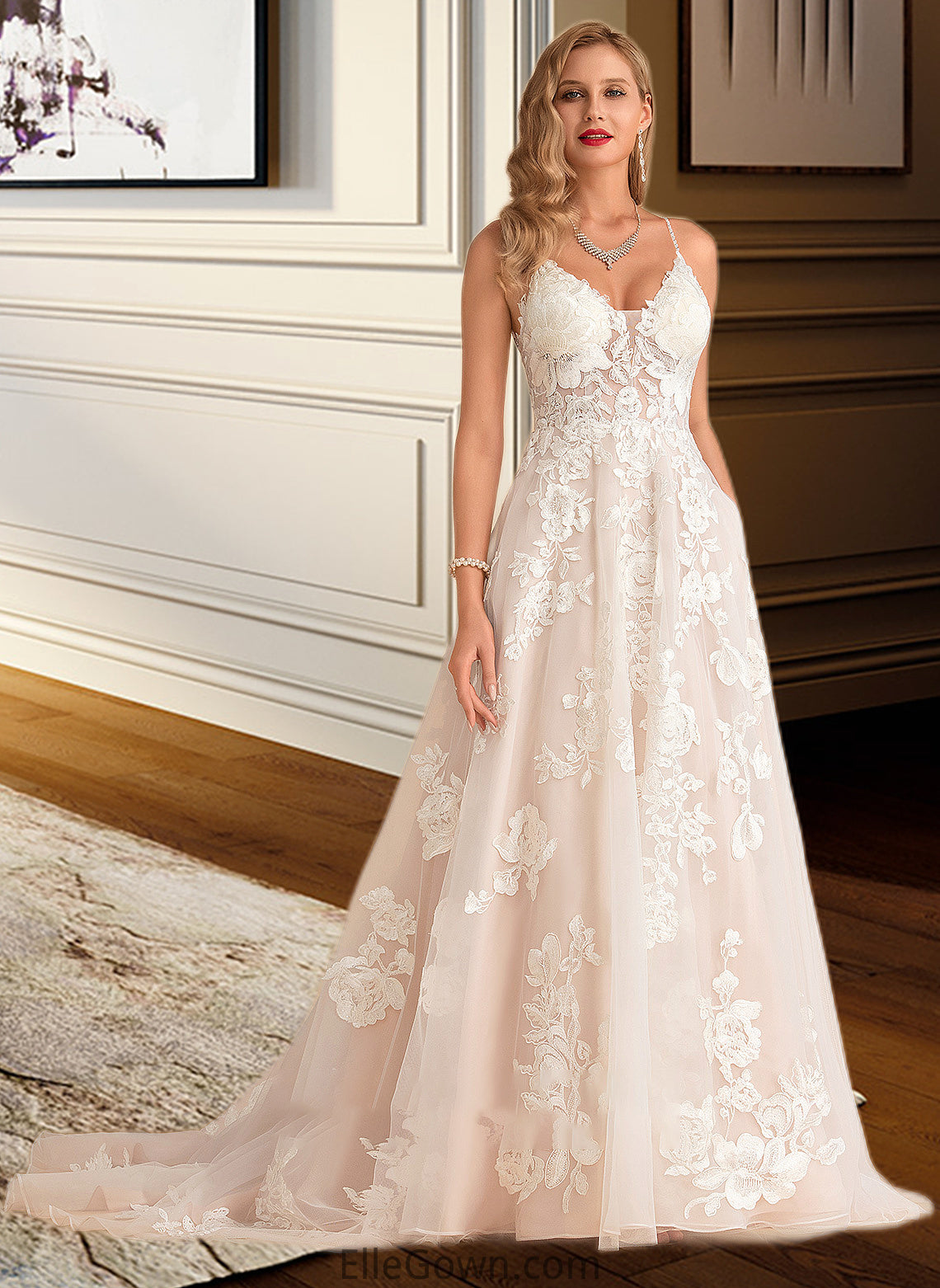 Alina Ball-Gown/Princess V-neck Court Train Tulle Lace Wedding Dress With Beading Pockets DEP0013679