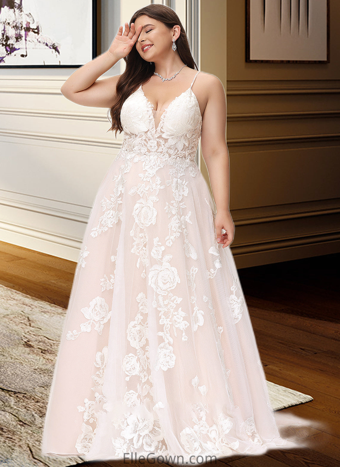 Alina Ball-Gown/Princess V-neck Court Train Tulle Lace Wedding Dress With Beading Pockets DEP0013679