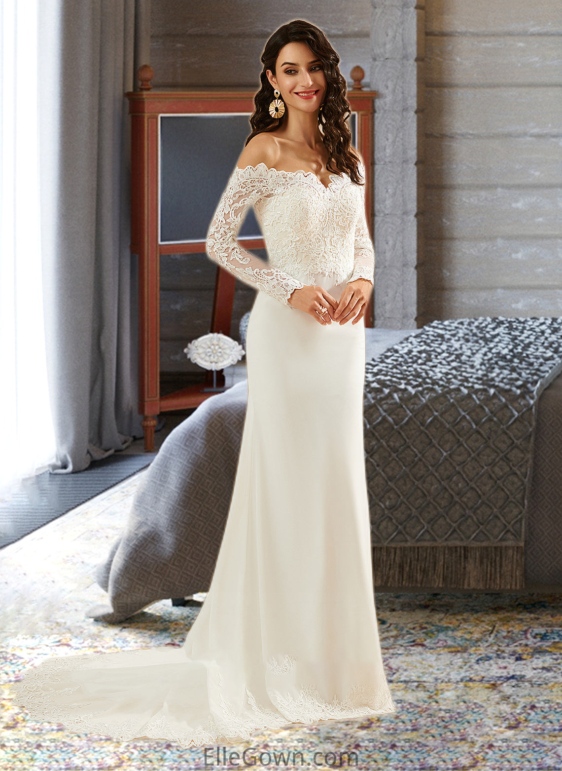 Madisyn Trumpet/Mermaid Off-the-Shoulder Court Train Wedding Dress With Lace DEP0013680