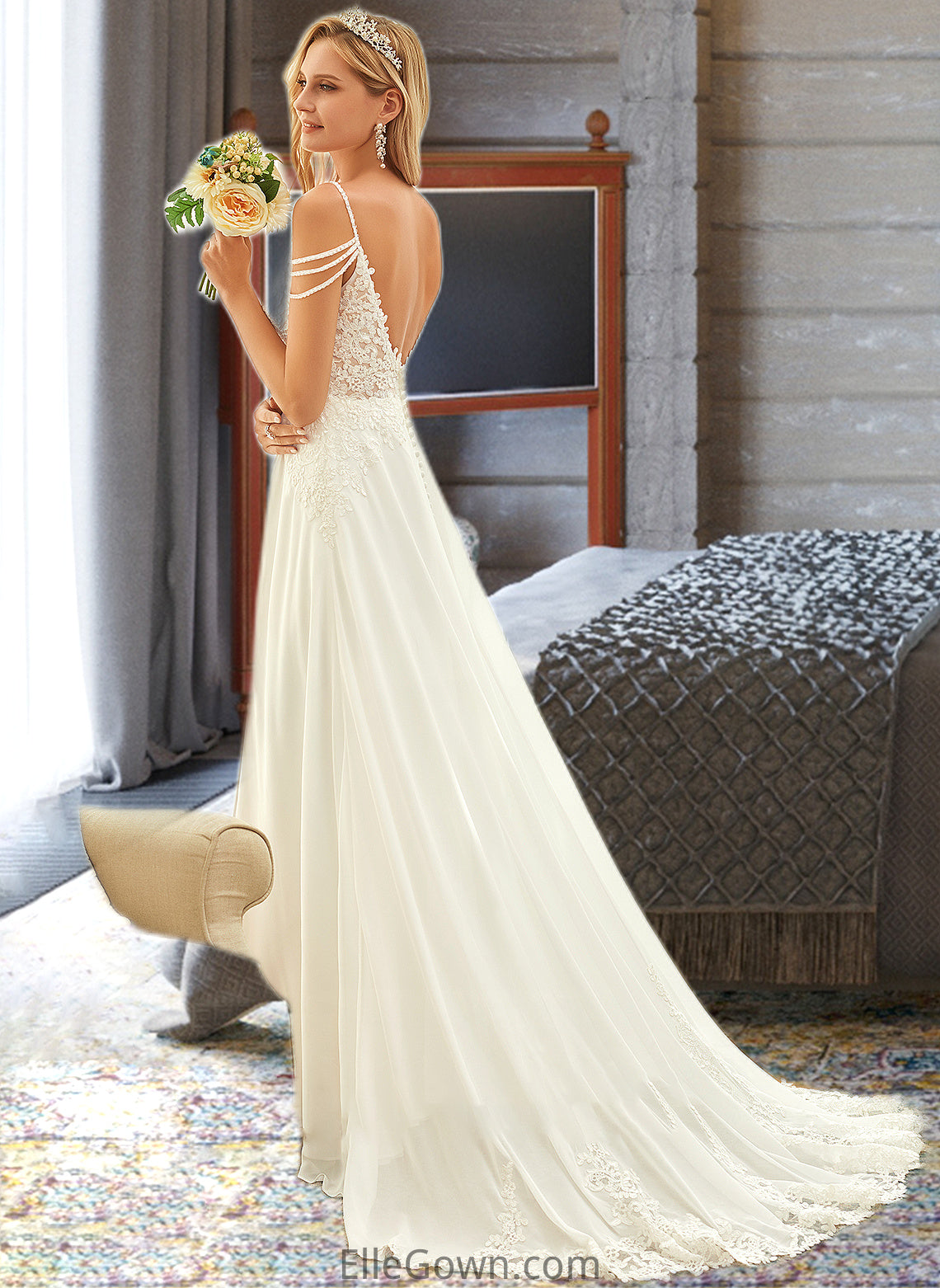 Saniyah A-Line V-neck Sweep Train Chiffon Lace Wedding Dress With Beading Sequins DEP0013681