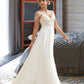 Saniyah A-Line V-neck Sweep Train Chiffon Lace Wedding Dress With Beading Sequins DEP0013681