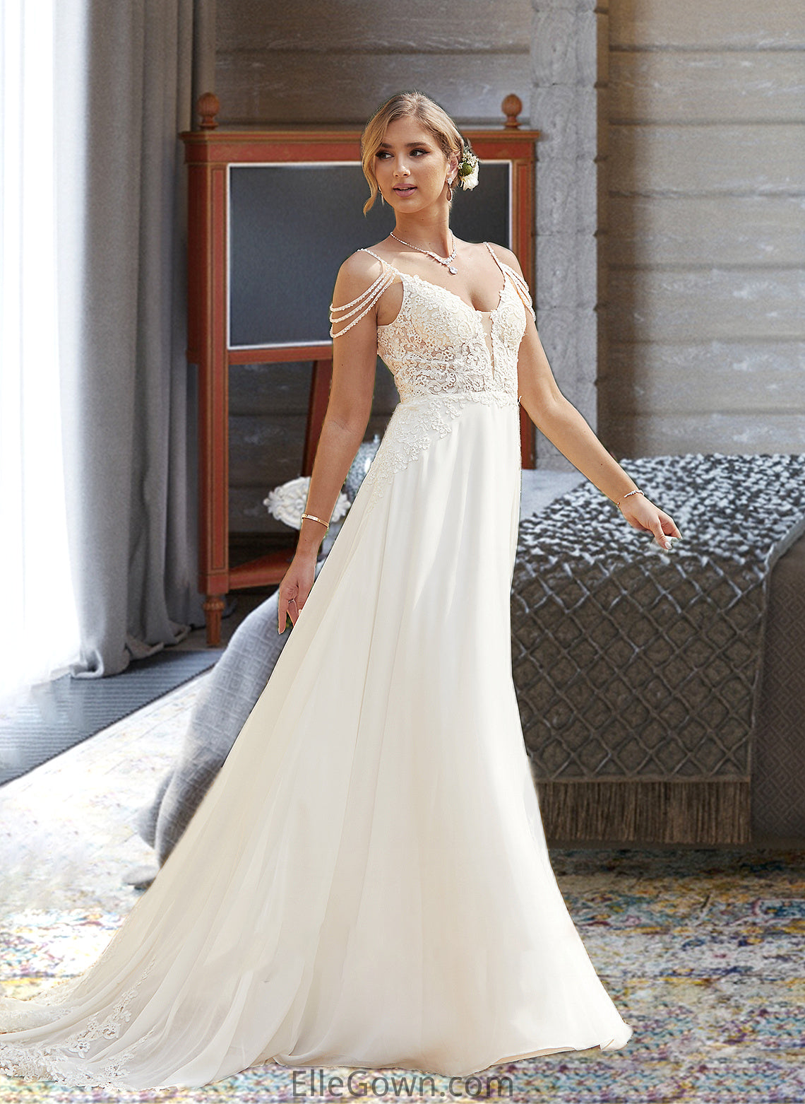 Saniyah A-Line V-neck Sweep Train Chiffon Lace Wedding Dress With Beading Sequins DEP0013681