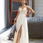 Saniyah A-Line V-neck Sweep Train Chiffon Lace Wedding Dress With Beading Sequins DEP0013681