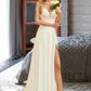 Saniyah A-Line V-neck Sweep Train Chiffon Lace Wedding Dress With Beading Sequins DEP0013681