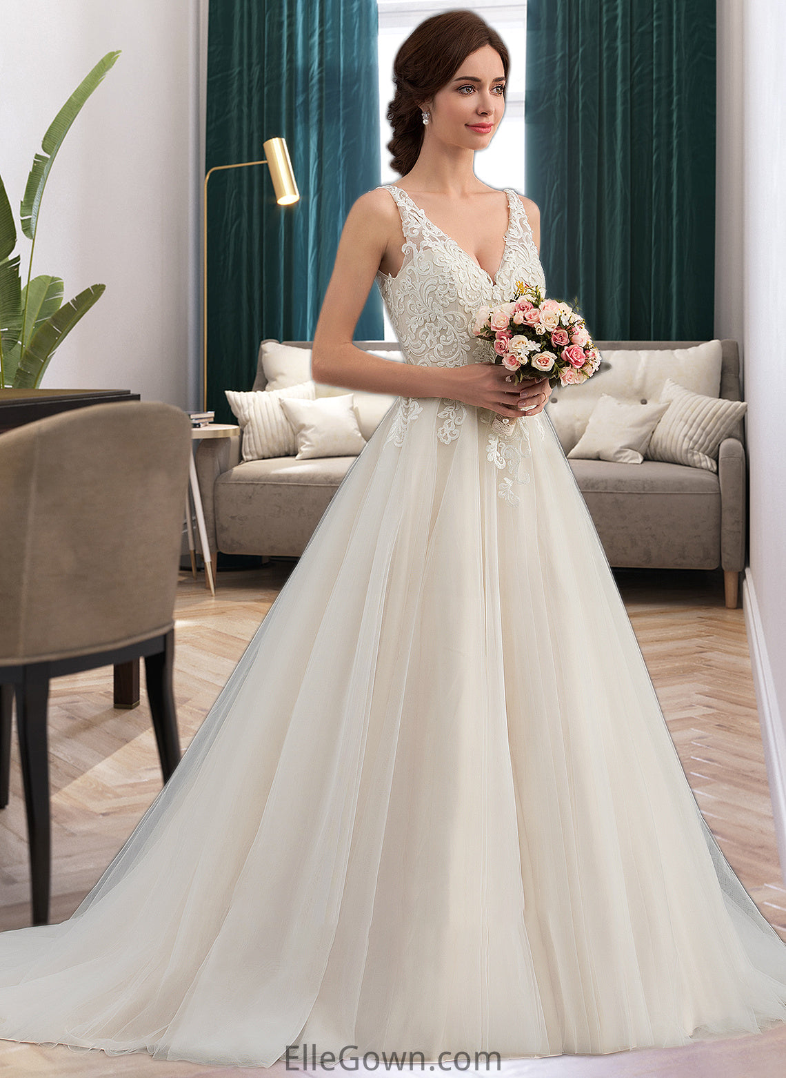 Justice Ball-Gown/Princess V-neck Court Train Tulle Wedding Dress DEP0013682