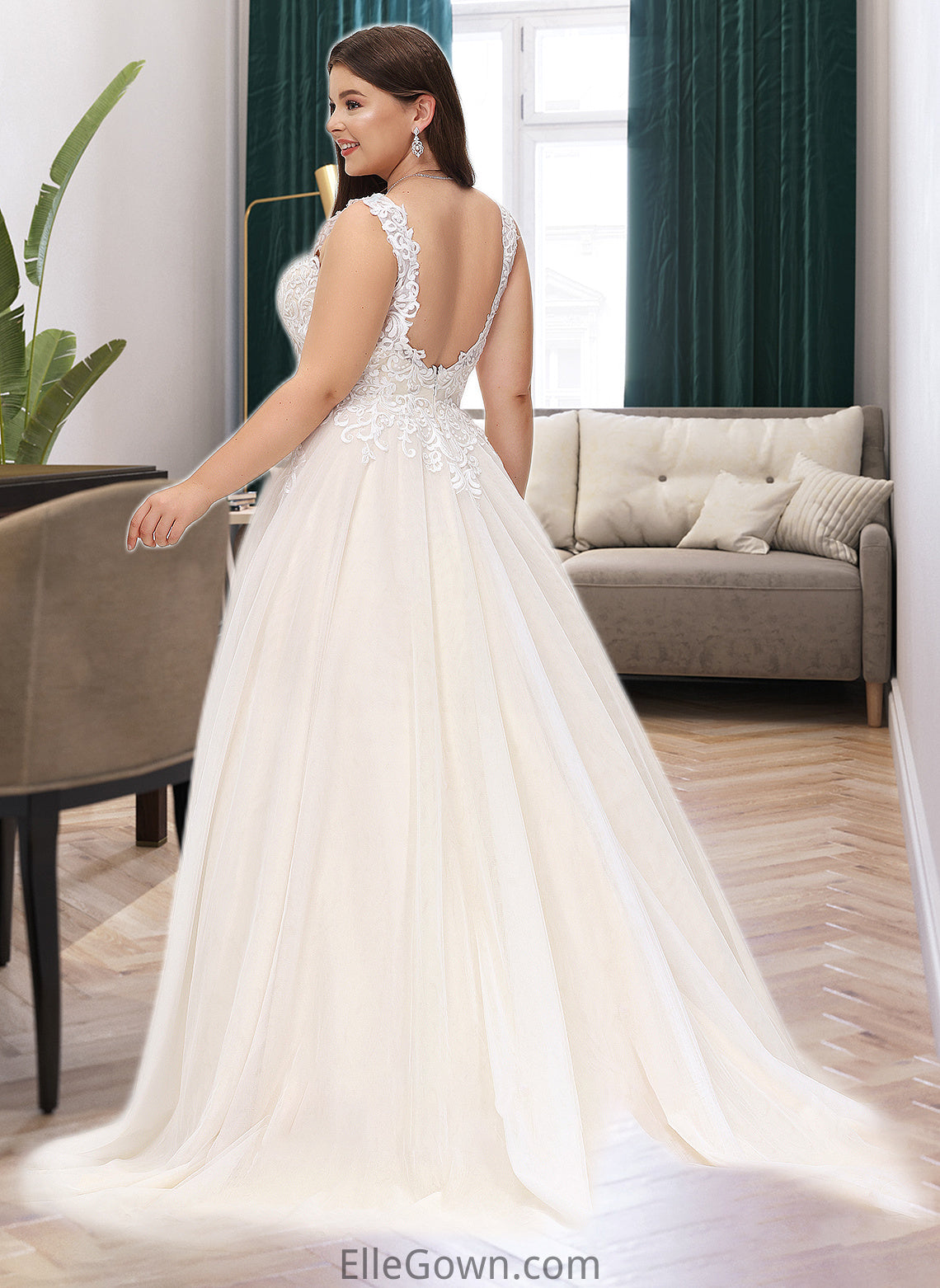 Justice Ball-Gown/Princess V-neck Court Train Tulle Wedding Dress DEP0013682