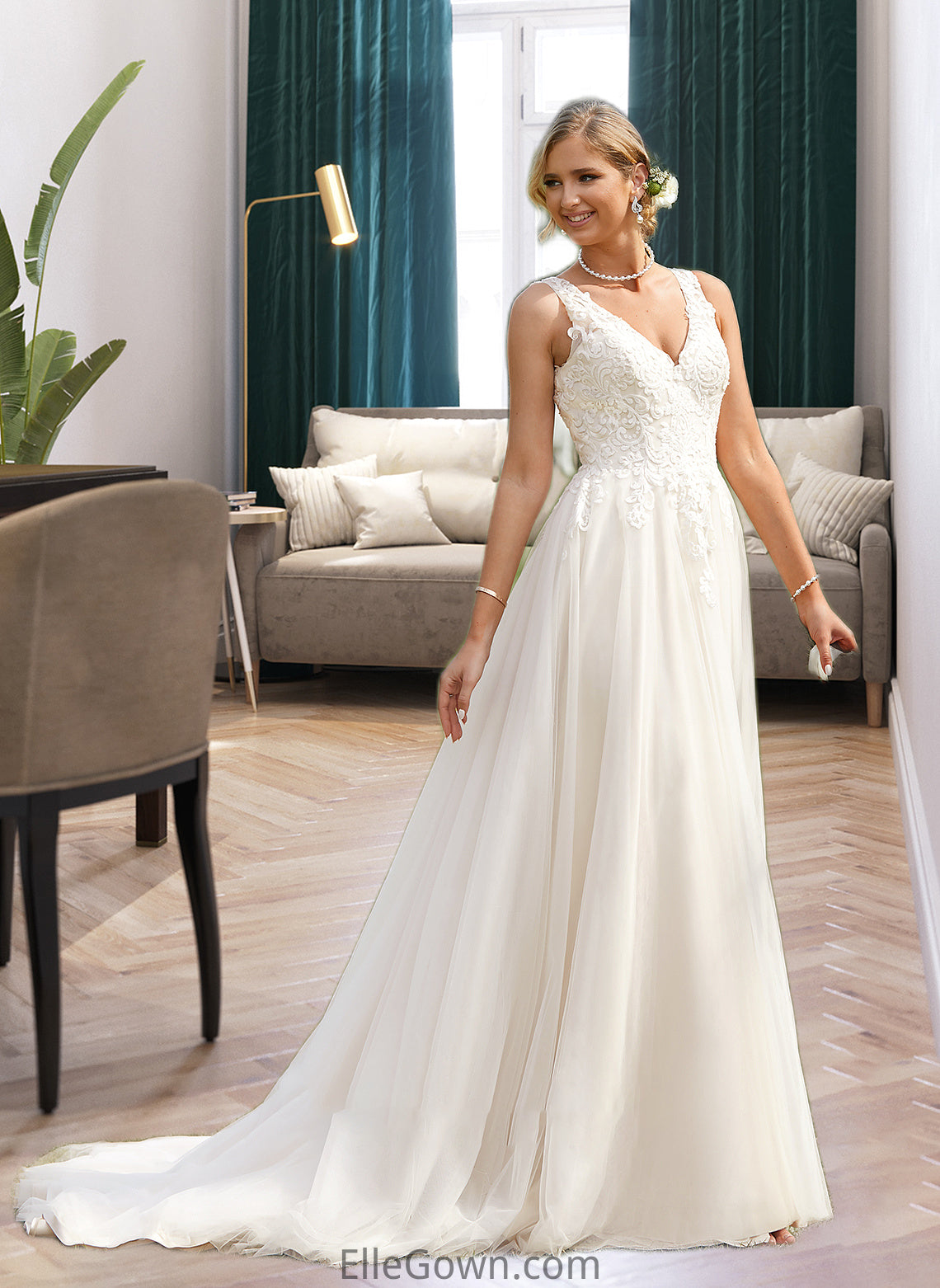 Justice Ball-Gown/Princess V-neck Court Train Tulle Wedding Dress DEP0013682