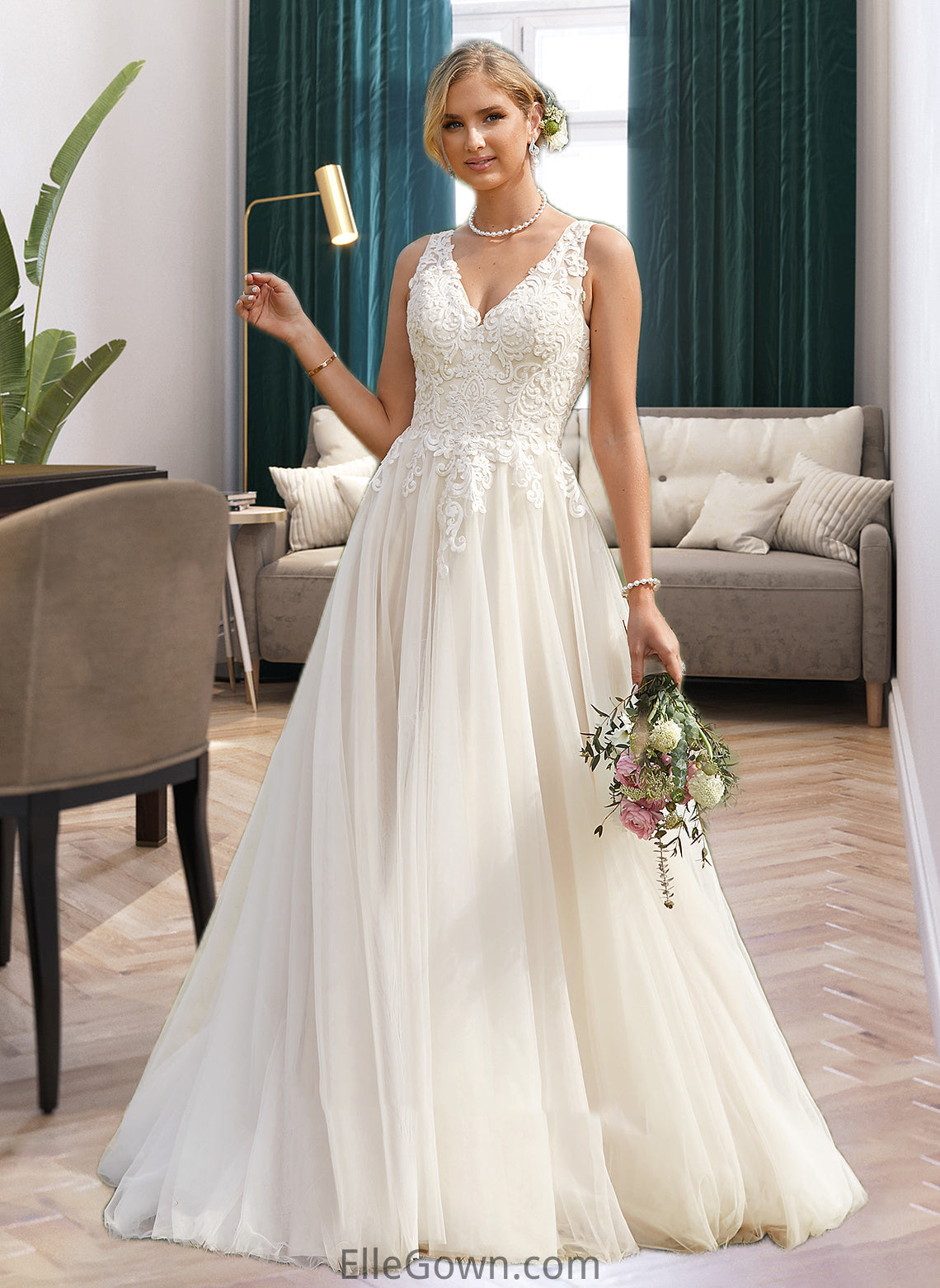 Justice Ball-Gown/Princess V-neck Court Train Tulle Wedding Dress DEP0013682