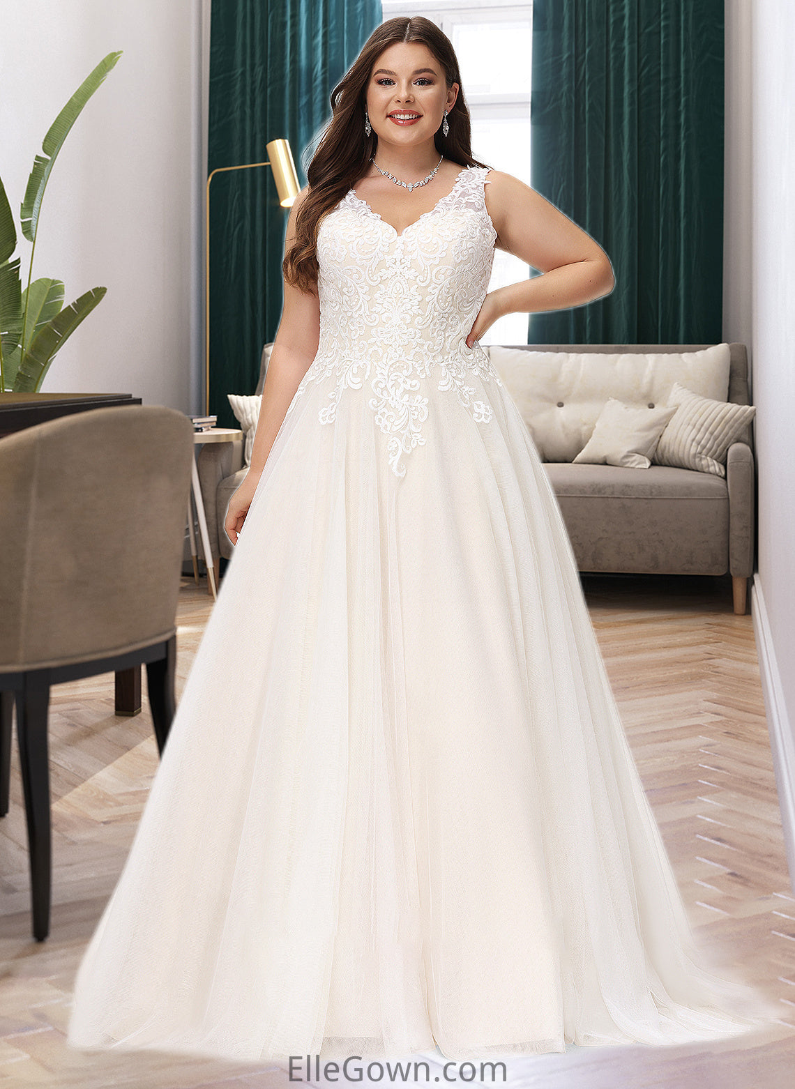 Justice Ball-Gown/Princess V-neck Court Train Tulle Wedding Dress DEP0013682