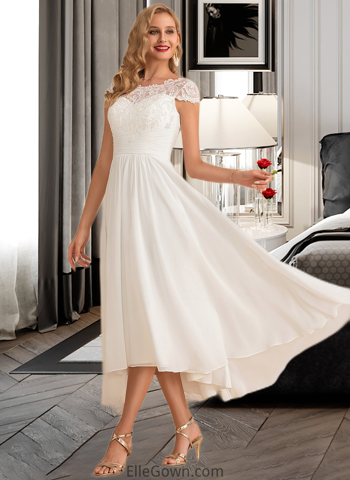 Juliette A-Line Scoop Neck Asymmetrical Chiffon Wedding Dress DEP0013683