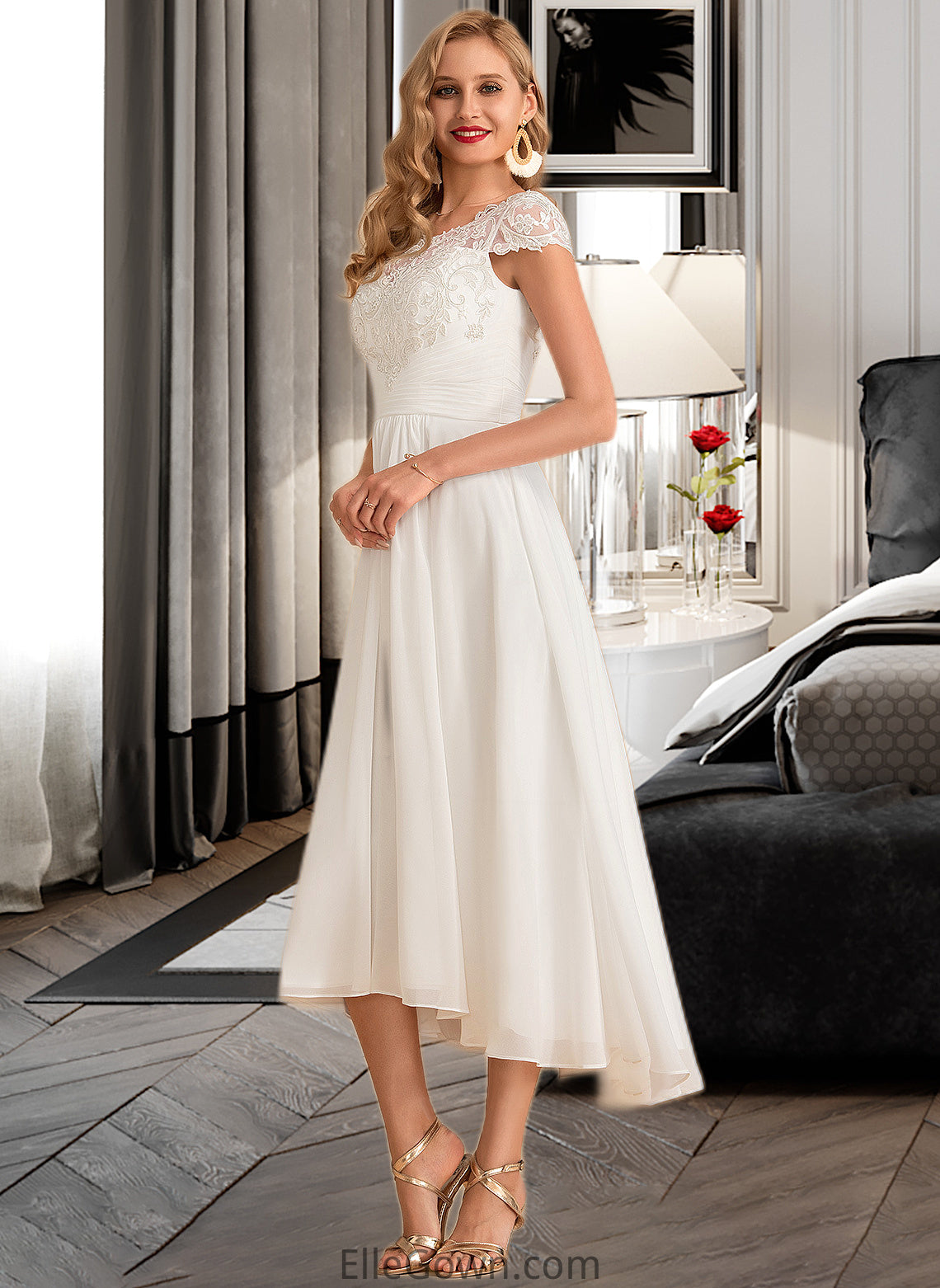 Juliette A-Line Scoop Neck Asymmetrical Chiffon Wedding Dress DEP0013683