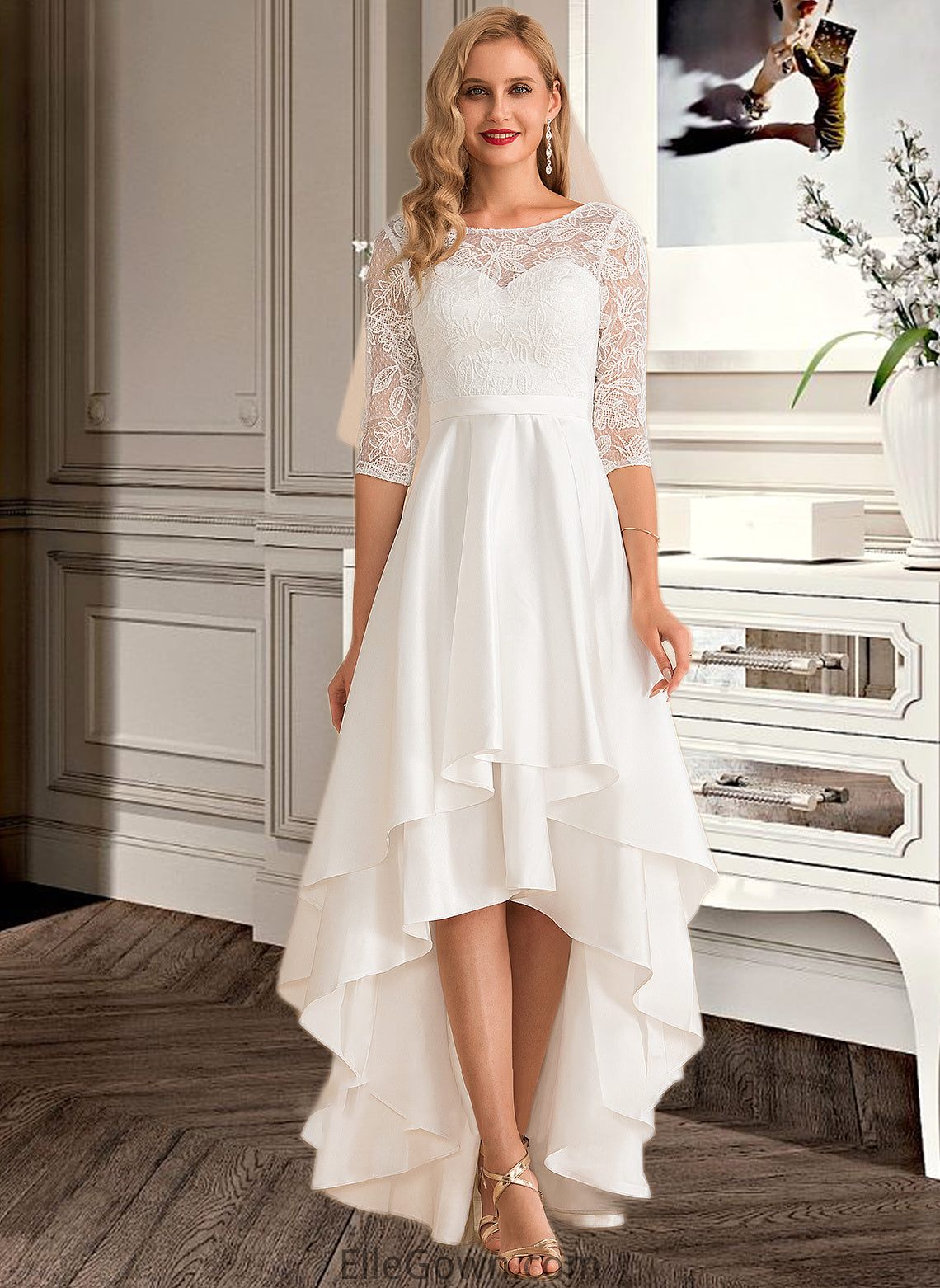 Juliet A-Line Scoop Neck Asymmetrical Satin Lace Wedding Dress DEP0013684