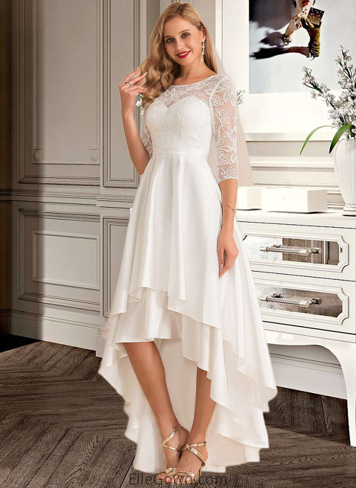 Juliet A-Line Scoop Neck Asymmetrical Satin Lace Wedding Dress DEP0013684