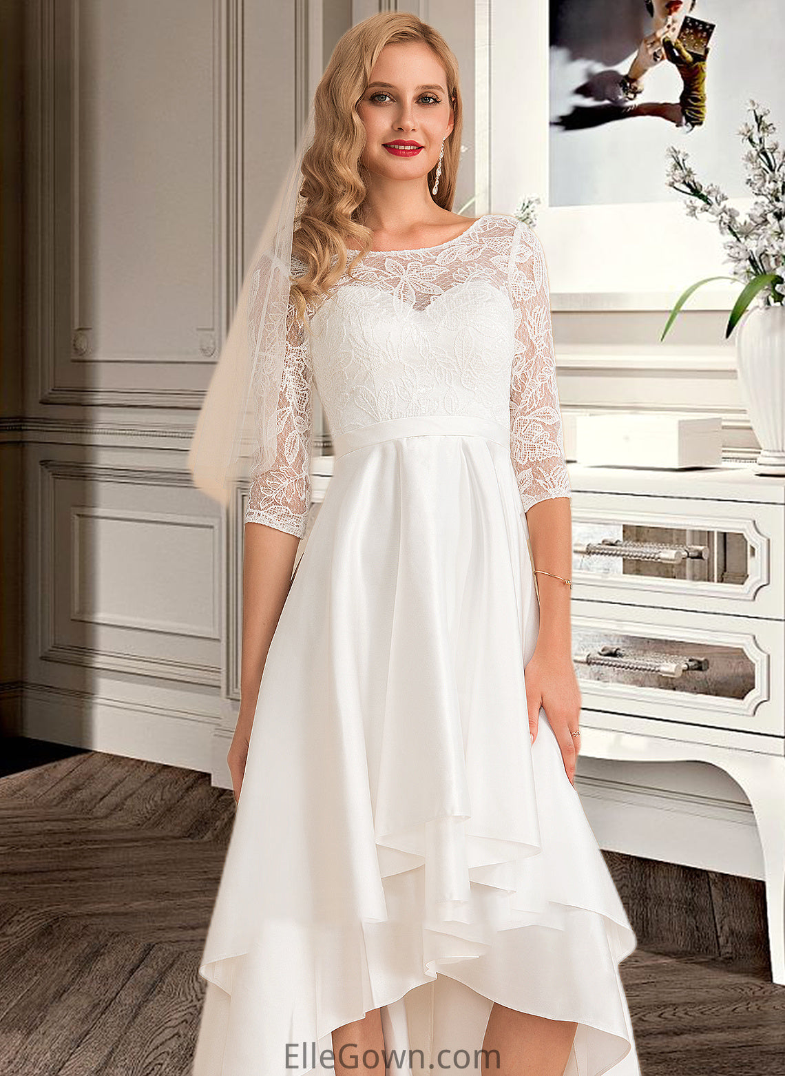 Juliet A-Line Scoop Neck Asymmetrical Satin Lace Wedding Dress DEP0013684