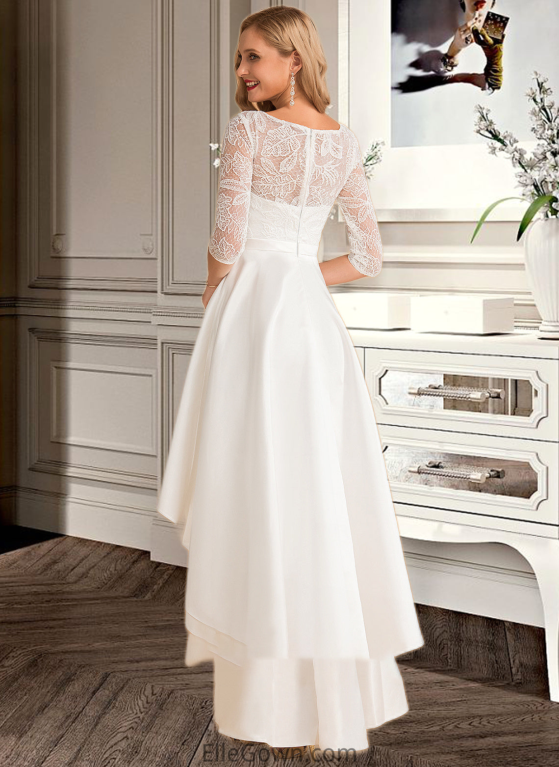 Juliet A-Line Scoop Neck Asymmetrical Satin Lace Wedding Dress DEP0013684