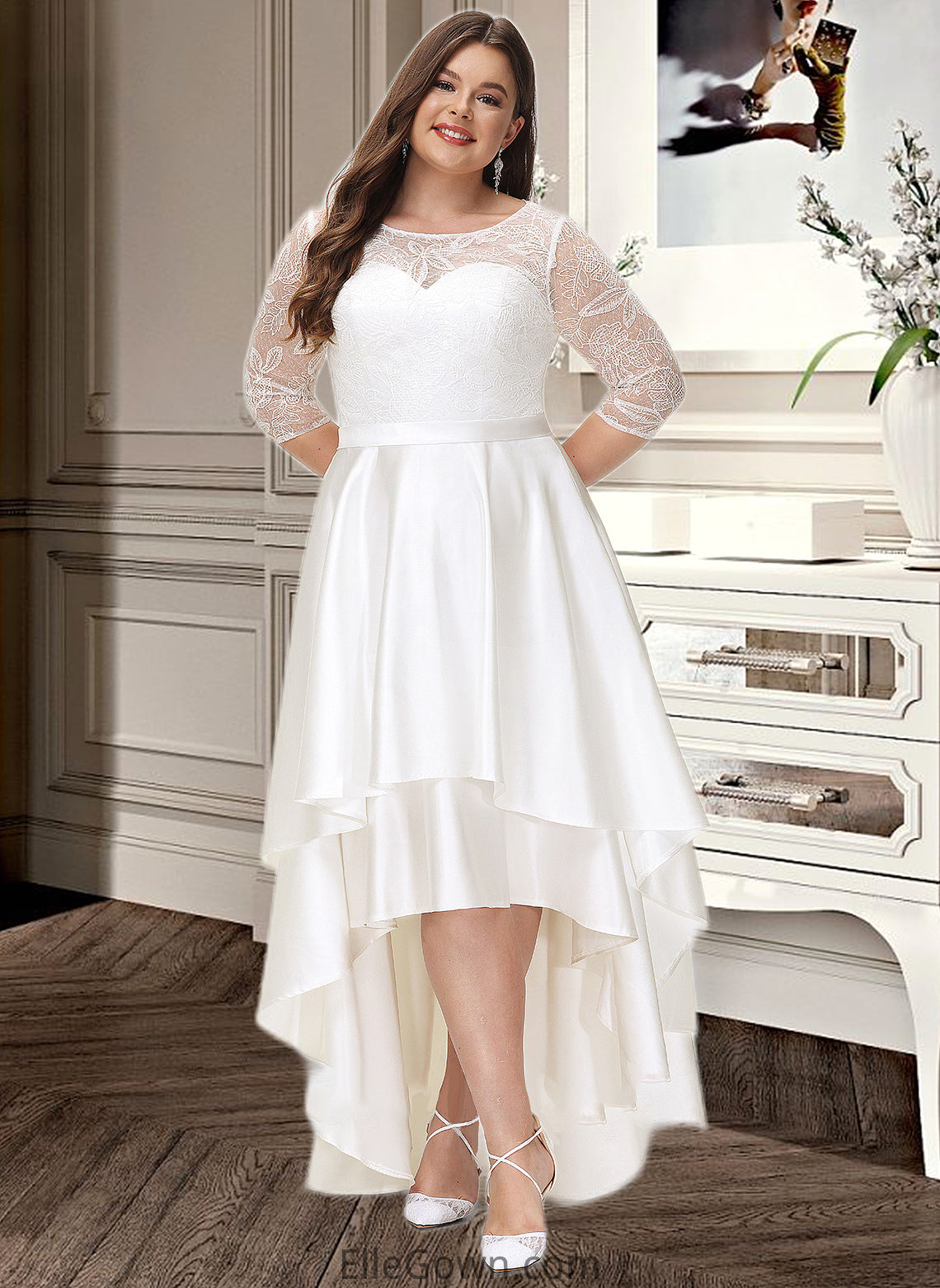 Juliet A-Line Scoop Neck Asymmetrical Satin Lace Wedding Dress DEP0013684