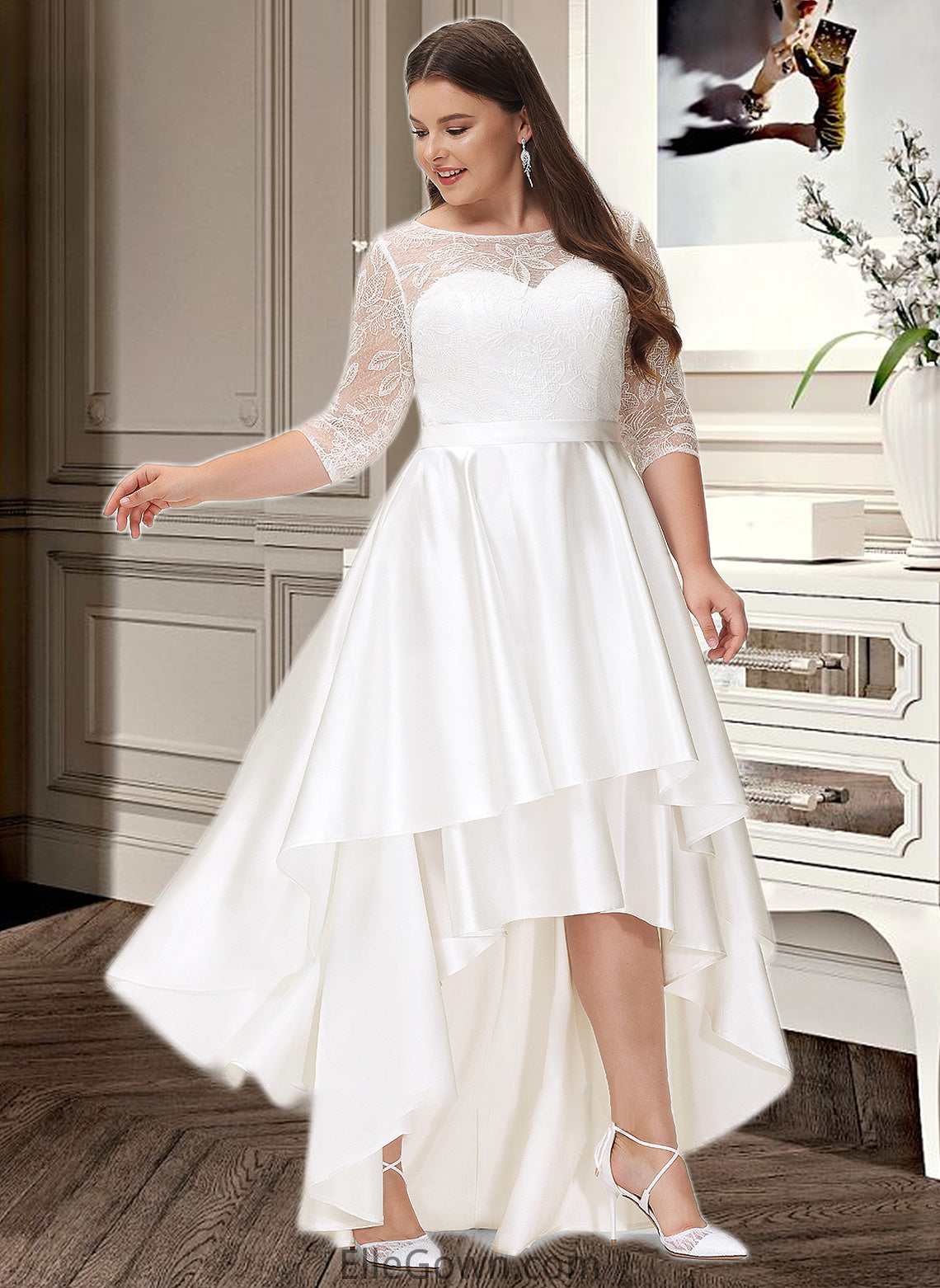 Juliet A-Line Scoop Neck Asymmetrical Satin Lace Wedding Dress DEP0013684