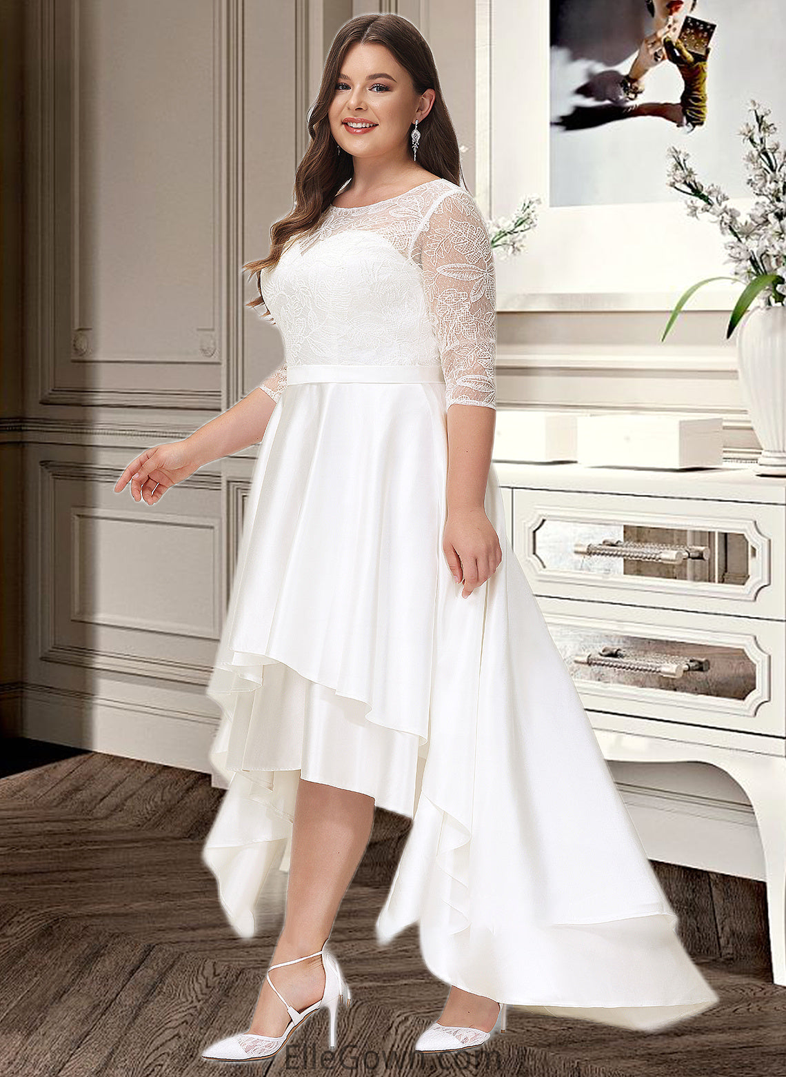 Juliet A-Line Scoop Neck Asymmetrical Satin Lace Wedding Dress DEP0013684