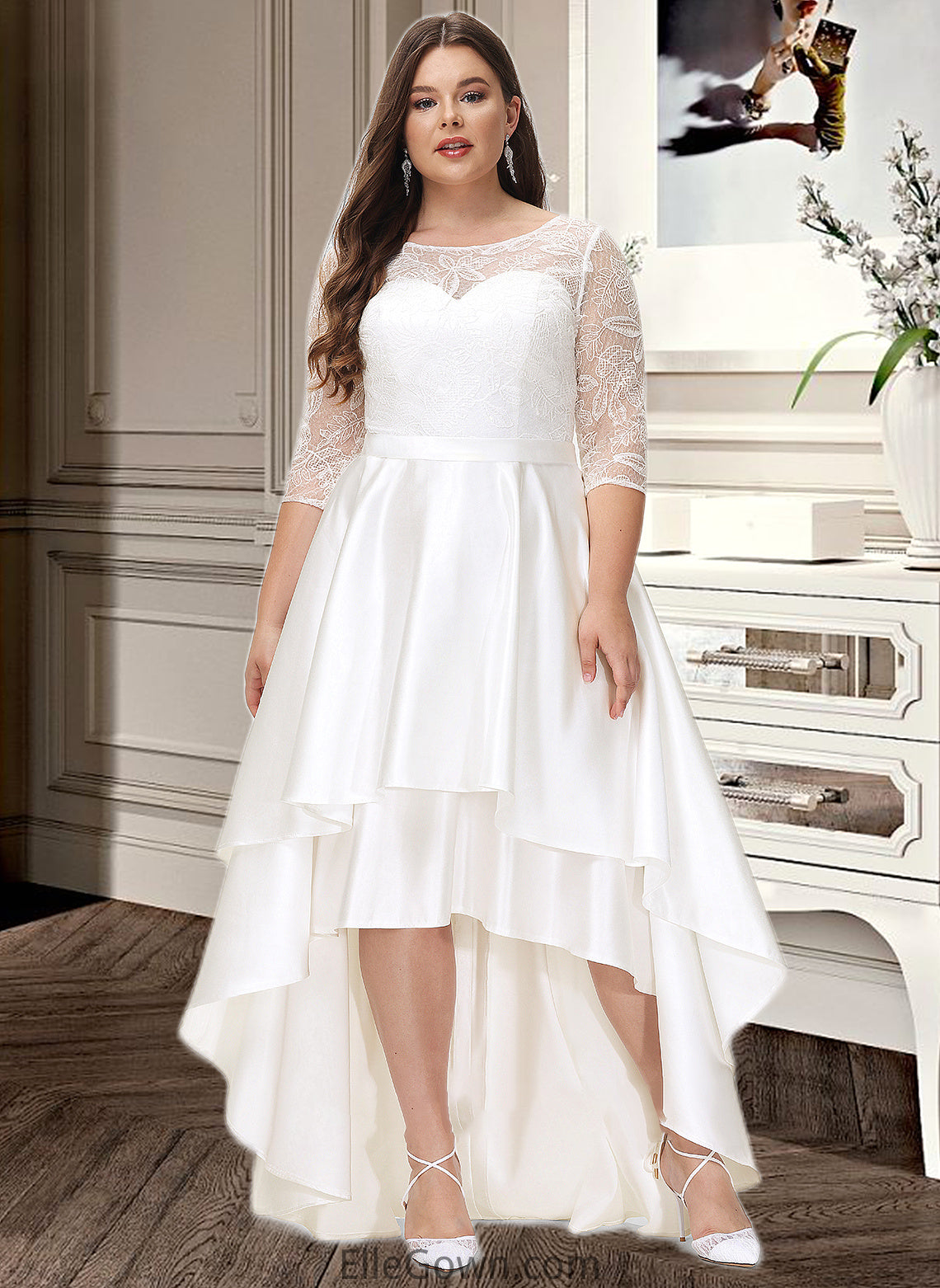 Juliet A-Line Scoop Neck Asymmetrical Satin Lace Wedding Dress DEP0013684