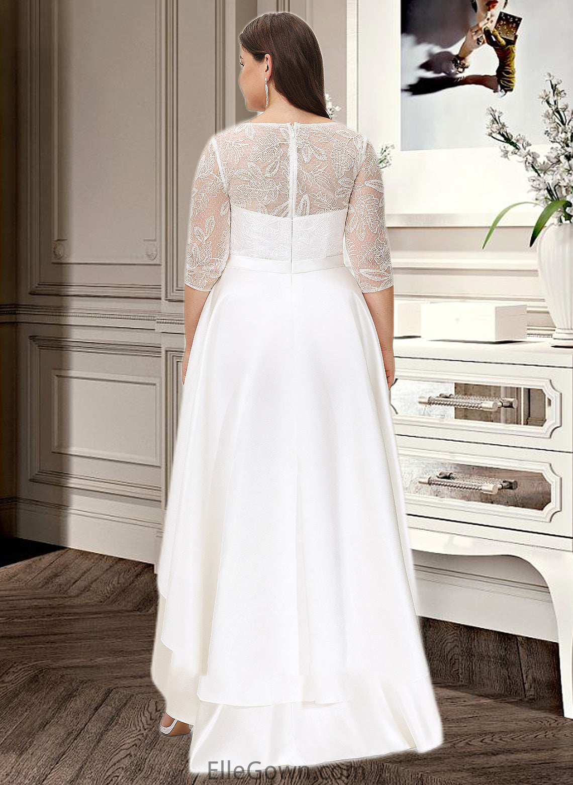 Juliet A-Line Scoop Neck Asymmetrical Satin Lace Wedding Dress DEP0013684